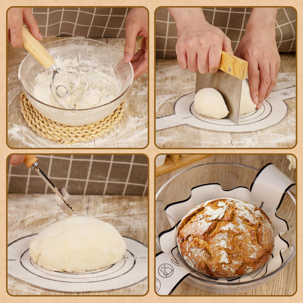 Sourdough Bread Starter Kit, Cotton Sourdough Kit Proofing Basket 10" Round, Banneton Bread Making Tools with Starter Jar,Dough Whisk,Bread Lame & Sling,Scraper and Brush Gifts for Bakers Women Mom