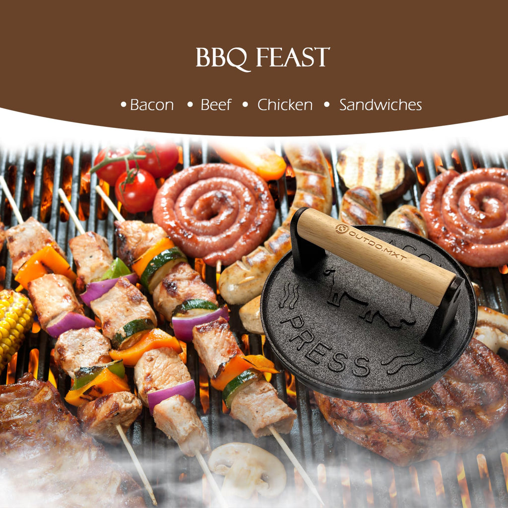 OUTDO.MXT Cast Iron 7" Smash Burger Press,Heavy Duty 2.5lb Burger Smasher with Wood Handle and Silicone Protective Cover for Griddle,Grill Press for Hamburger, Bacon, Steak, Barbecue Grilling Tool