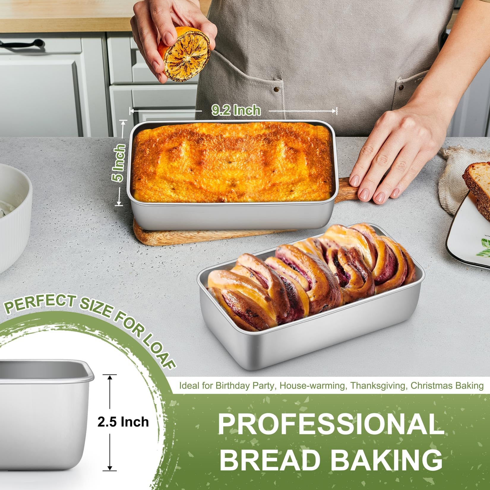 P&P CHEF Loaf Pan Set, 9-inch Bread Pans, Stainless Steel Loaf Toast Baking Pans for Bread Meatloaf Lasagna Cake, Healthy & Non Toxic, Oven & Dishwasher Safe, (Silver, 2Pcs)