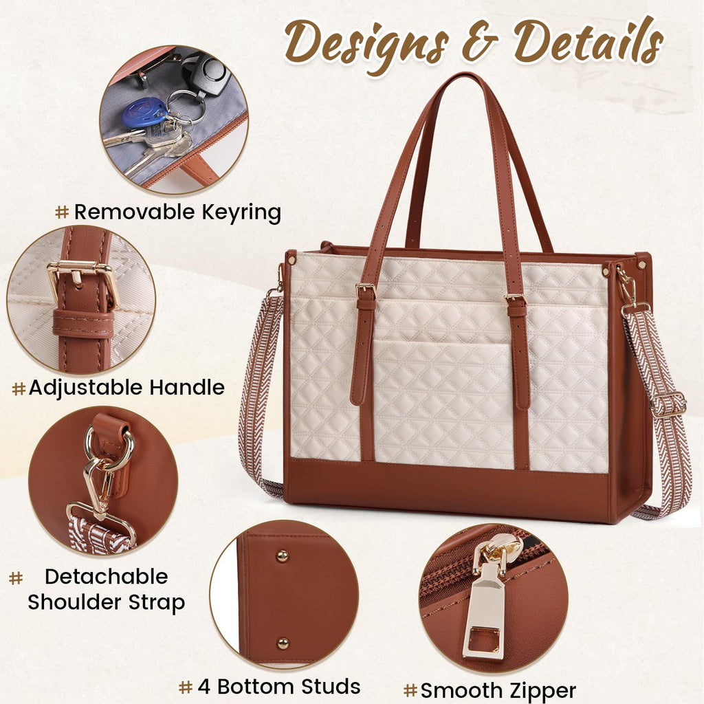 IGOLUMON Laptop Bags for Women Vegan Leather Laptop Bag 15.6 Inch Quilted Work Tote Bag Womens Laptop Briefcase for Business Travel Office Teacher Designer Computer Bag with Purse Beige & Brown