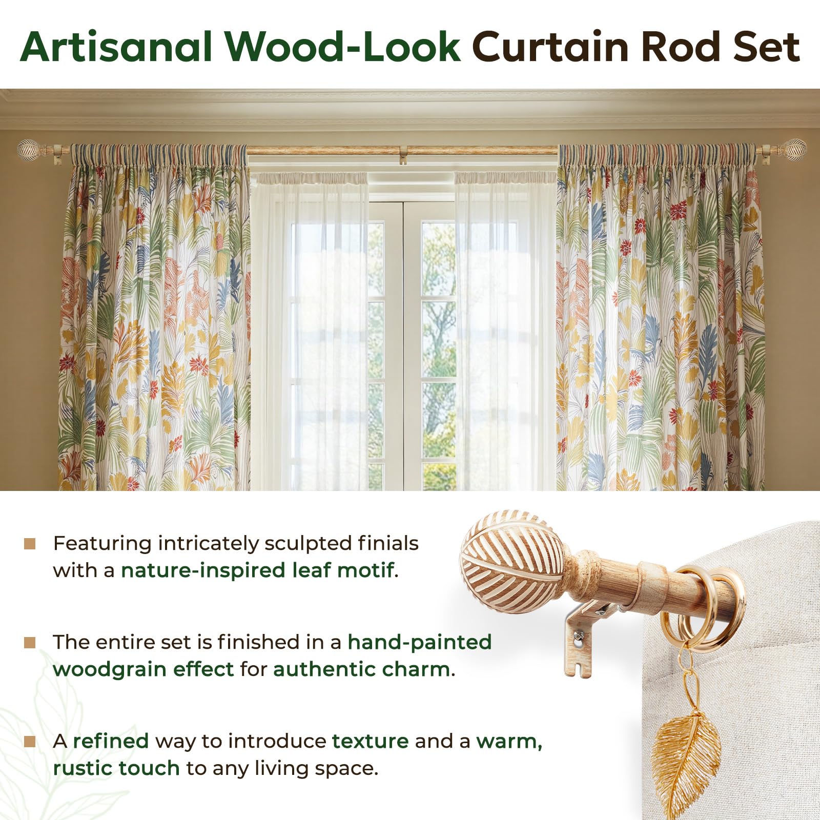 Zeerobee Wood Curtain Rods for Windows 48 to 84, 1 Inch Heavy Duty Drapery Rods with Imitation Wood Grain Leaf Pattern Finials, Indoor/Outdoor Modern Curtain Pole, 32"-86", Brown