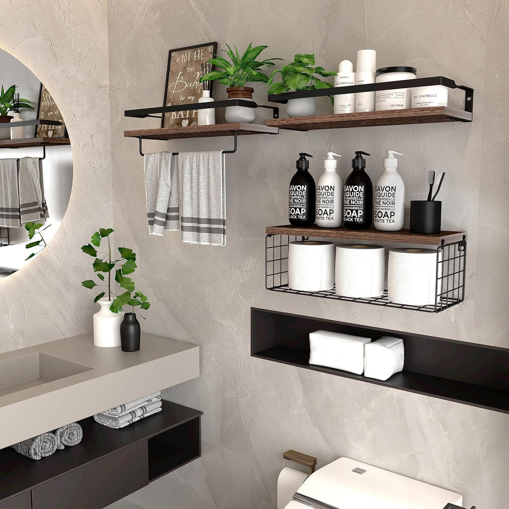 Rustic Bathroom Shelf Over Toilet - Stylish Bathroom Shelves Storage Organizer with Towel Bar - Floating Shelves Wall Mounted