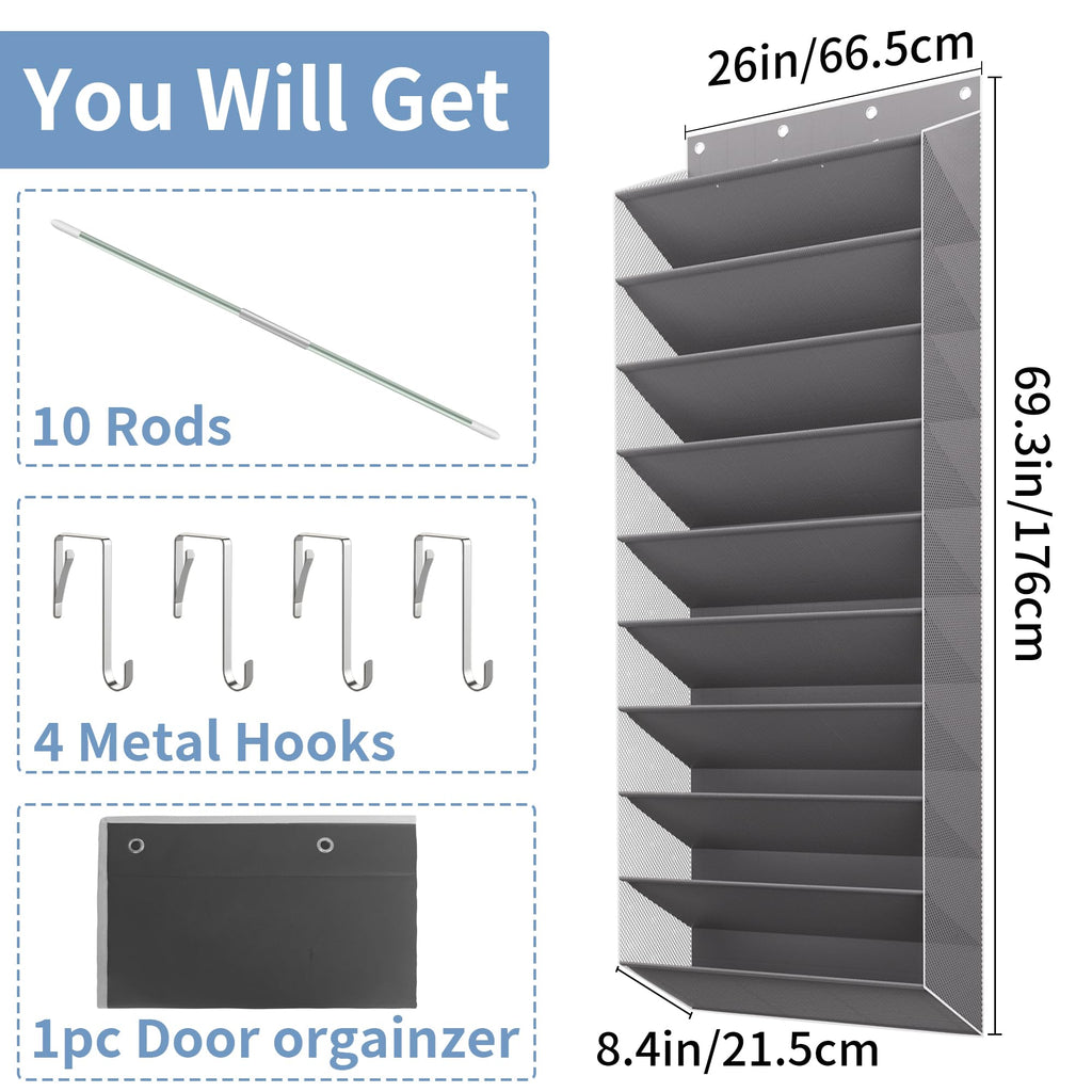 TAHAVICE 10-Tier Large Size Over The Door Shoe Organizer, Holds 30 PairsHanging Shoe Rack with Deep Pockets for Closet, Space-Saving Storage for Sneakers, Boots (Grey)
