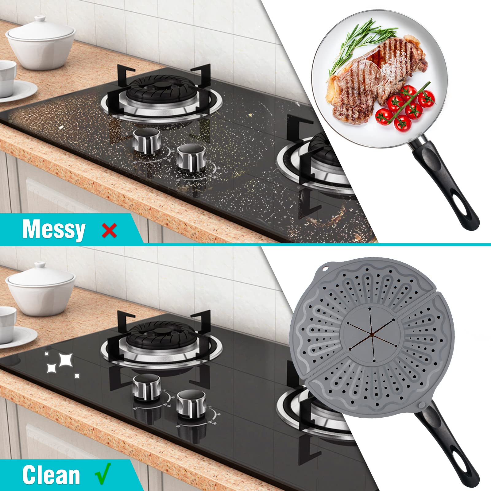 Silicone Splatter Screen for 10, 11 and 12 Inch Frying Pan, Foldable Splash Guard, Multi-Use Grease Splatter Guard/Trivet Mat, 12" Non-Stick Oil Splatter Guard, Dishwasher Safe, BPA Free, Gray