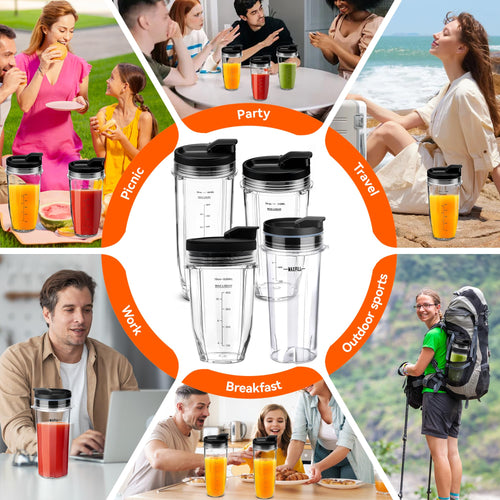 2Pcs Replacement 24oz Blender Cup with Sip Seal Lid for Nutri Ninja BL450 BL456 BL480 BL482 BL640 BL642 BL682 BN400 BN750 BN800 NN100 Foodi SS101 SS151 SS351 SS401 SS400 Ninja Auto IQ Series Blender