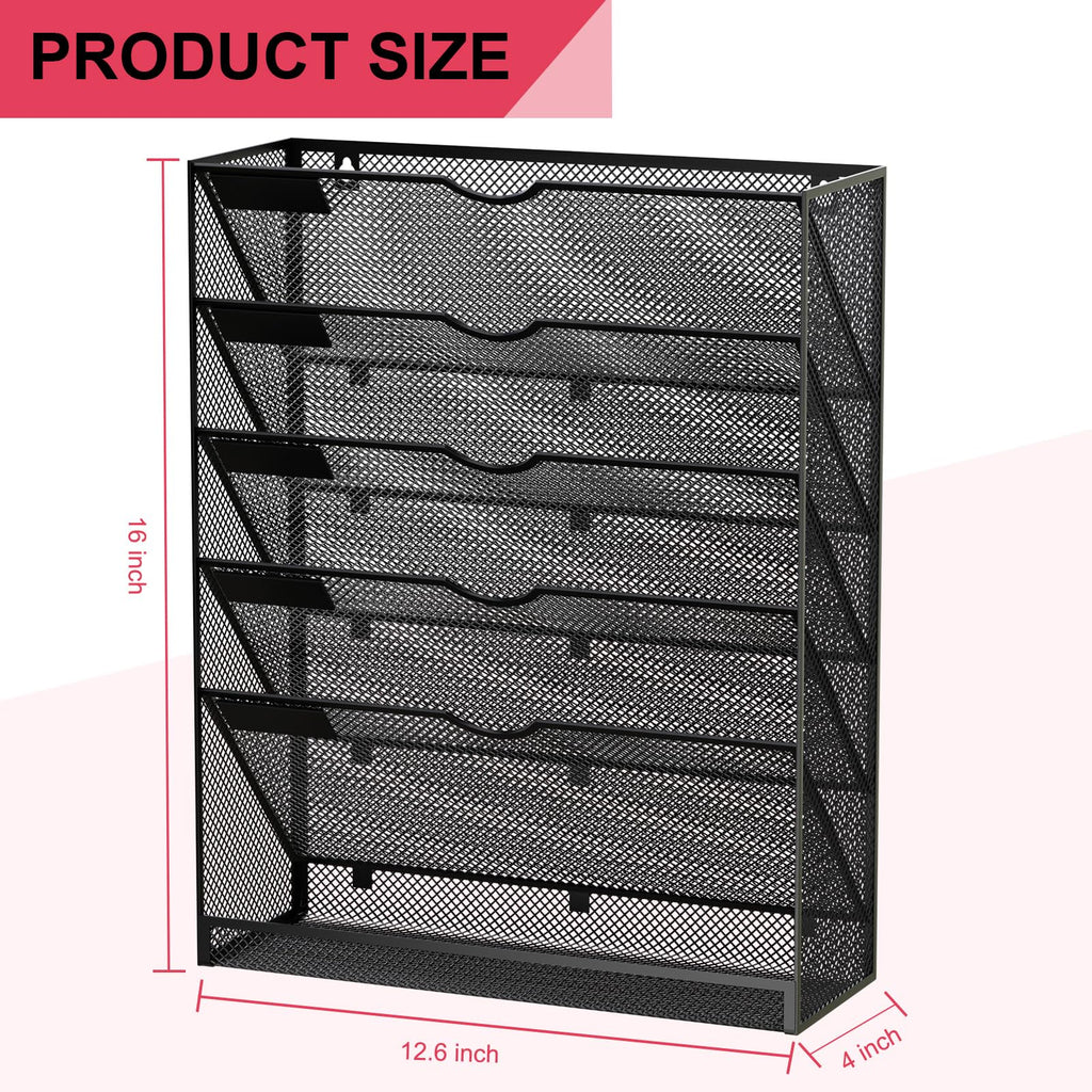 GDINDINFAN Hanging Wall File Organizer 6 Tier Wall Mounted Mail Paper Folder Holder Document Organization Stand, Vertical Desk Magazine Rack for Office Home Cubicle Countertop, Black