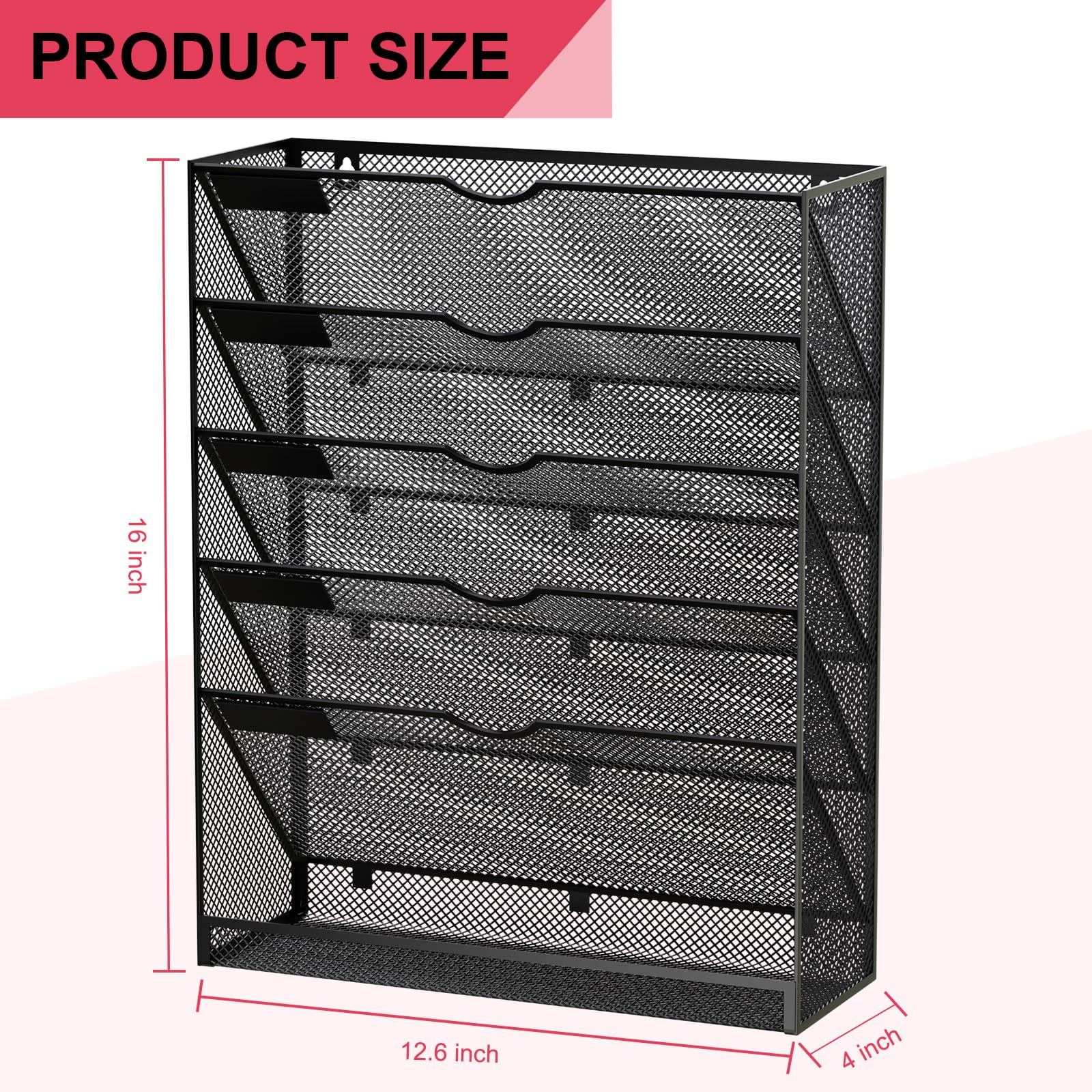 GDINDINFAN Hanging Wall File Organizer 6 Tier Wall Mounted Mail Paper Folder Holder Document Organization Stand, Vertical Desk Magazine Rack for Office Home Cubicle Countertop, Black