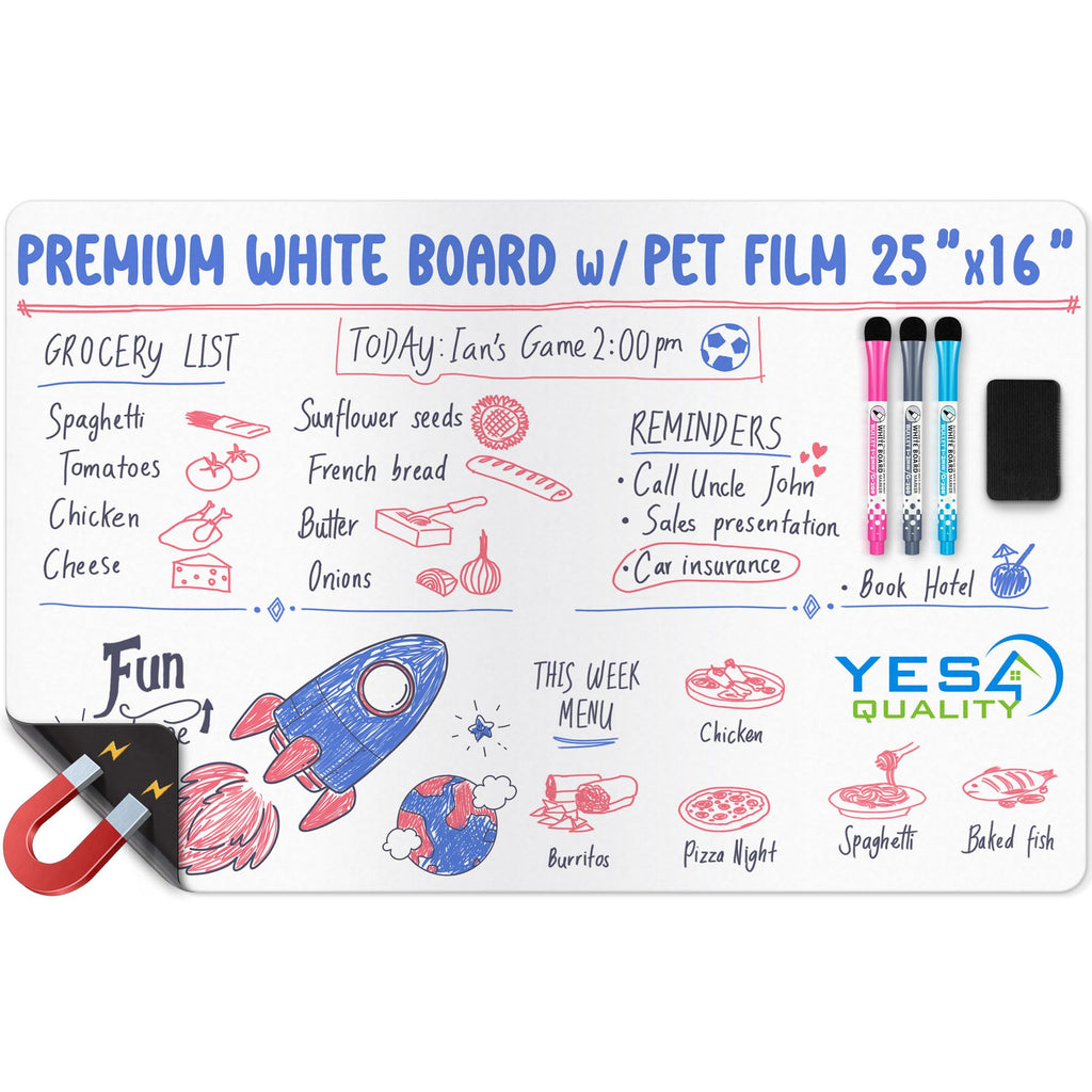 Extra Large Magnetic Dry Erase Whiteboard Sheet for Fridge - 63x40 cm - Stain-Resistant with 3 Markers & Big Eraser with Magnets - Refrigerator White Board Planner & Organiser - by Yes4Quality