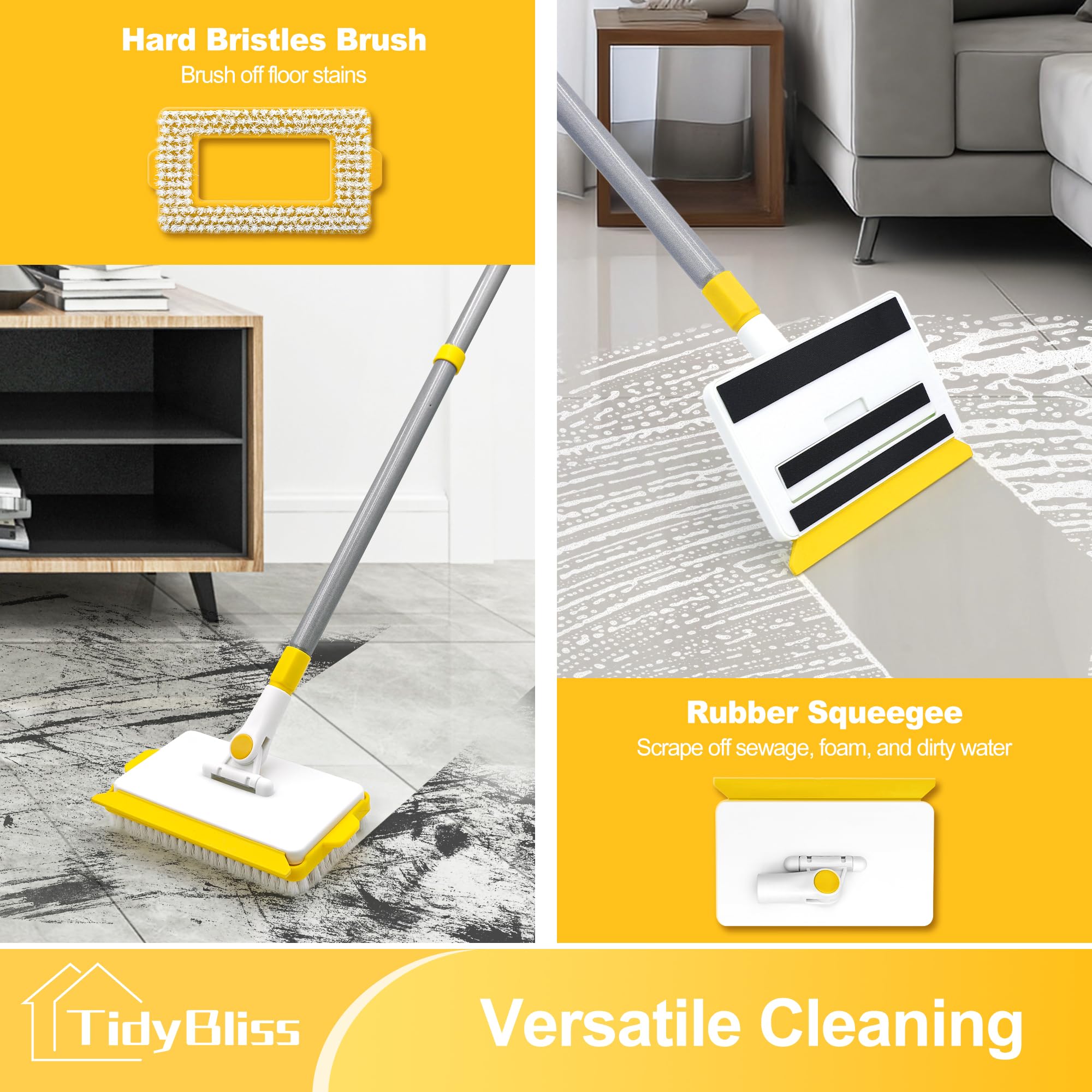 TidyBliss Baseboard Cleaner Tool with Handle, 55.9” Long Wall and Base Board Cleaning Mop, 4 Reusable Pads, 1 Stiff Bristle Scrubber Brush for Floorboard Ceiling Cabinet Window Bathroom (Yellow)