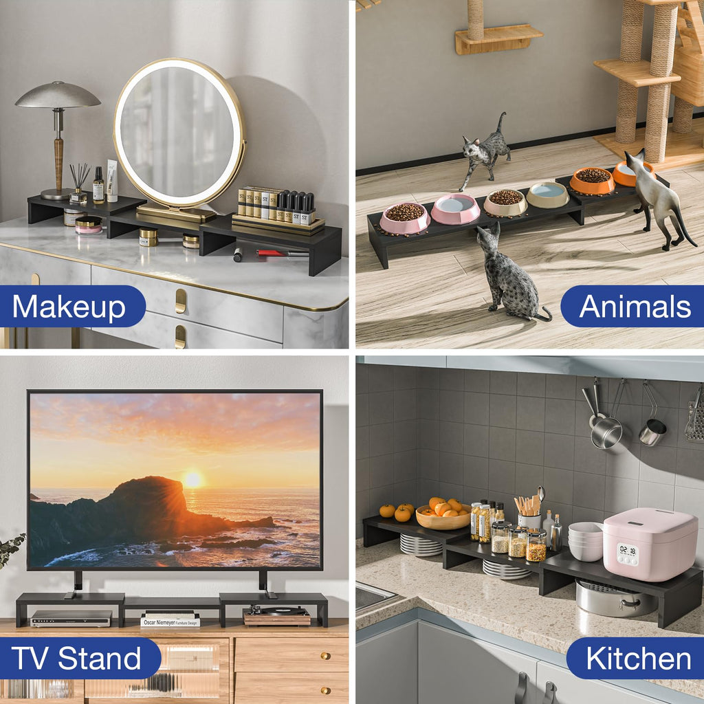 Rfiver Dual Monitor Stand Riser, Adjustable Length (30.7-43.3") & Angle, Large Wooden Desktop Organizer with Storage Shelf for Laptop, Monitors, Home Office Desk, Black