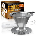 Pour Over Coffee Dripper - 3.18x4.48 Stainless Steel Pour Over Coffee Maker with Large Plastic Handle, Wide Secure Base and a Brush for Cleaning - Ensures Well-Balanced and Reach Tea Infuser