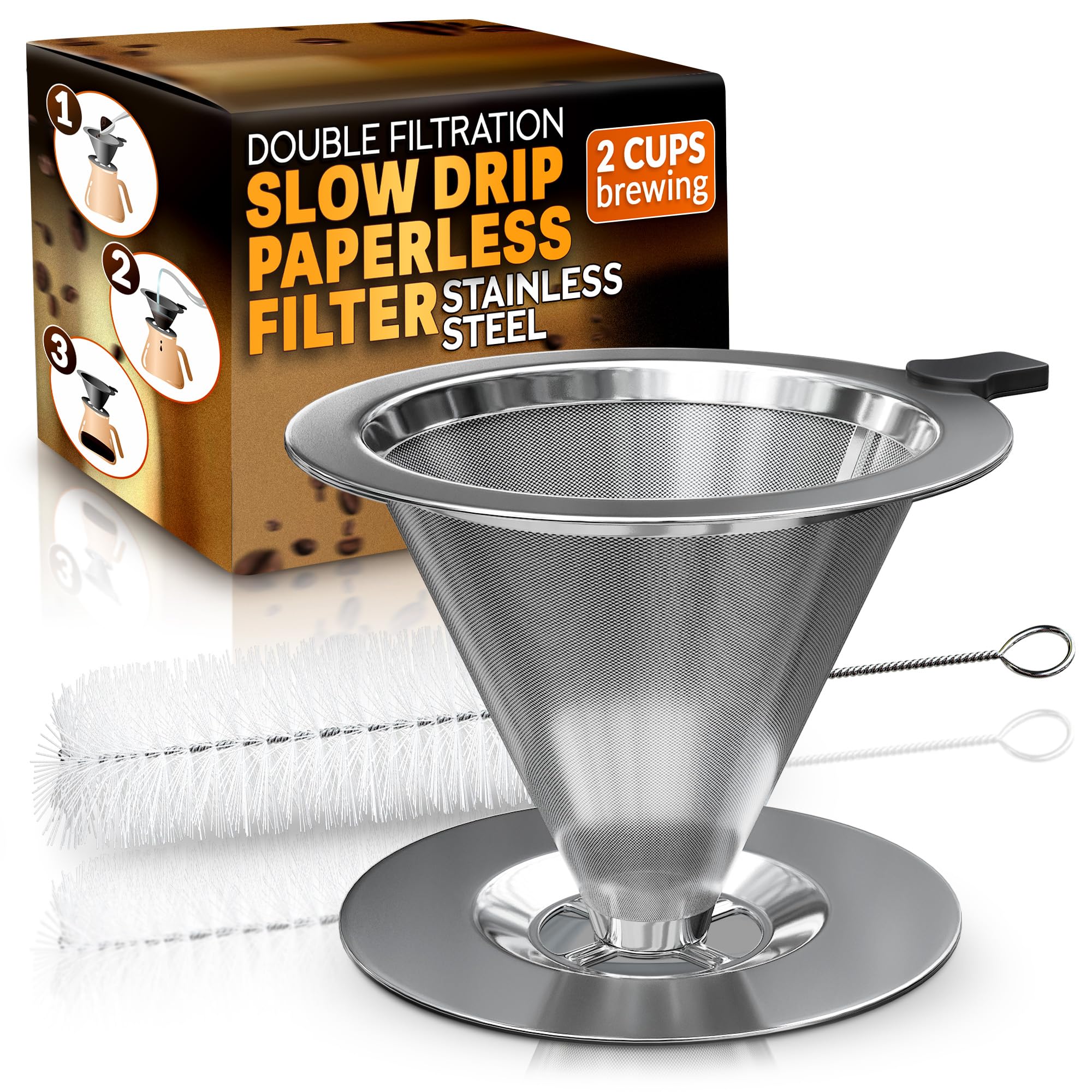 Pour Over Coffee Dripper - 3.18x4.48 Stainless Steel Pour Over Coffee Maker with Large Plastic Handle, Wide Secure Base and a Brush for Cleaning - Ensures Well-Balanced and Reach Tea Infuser