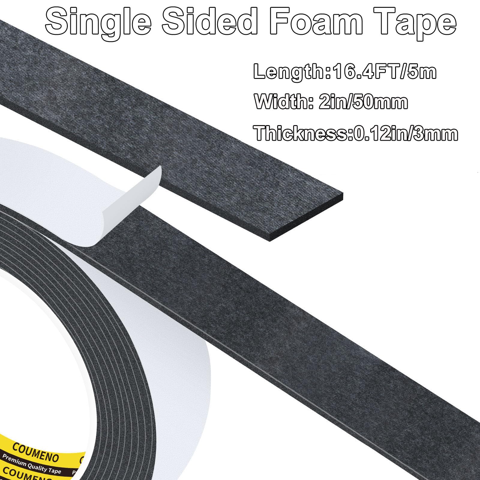 COUMENO EVA Single-Sided Adhesive Black Foam Tape 2in X16.4FT Sealing Strip Foam Pad Sponge Tape Window Weatherproof,Self-Adhesive Insulation Sealing