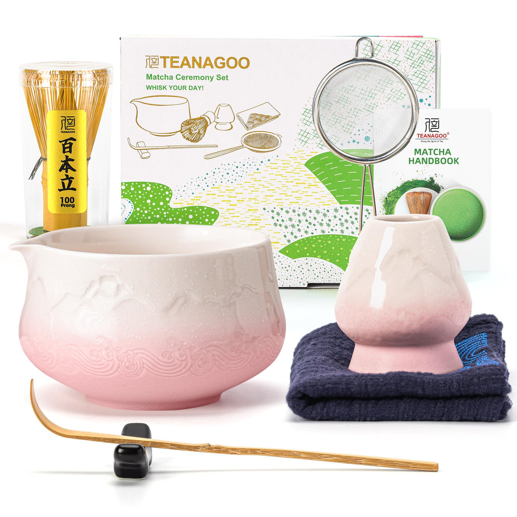 TEANAGOO Matcha Set Pink, 7 Pcs Matcha Whisk Set, Matcha Kit for Ceremony, Tradition Tea Set for Making Breakfast/Latte, Matcha Whisk Set with Bowl(Chawan)/Whisk and Holder, Gift for Family/Friend