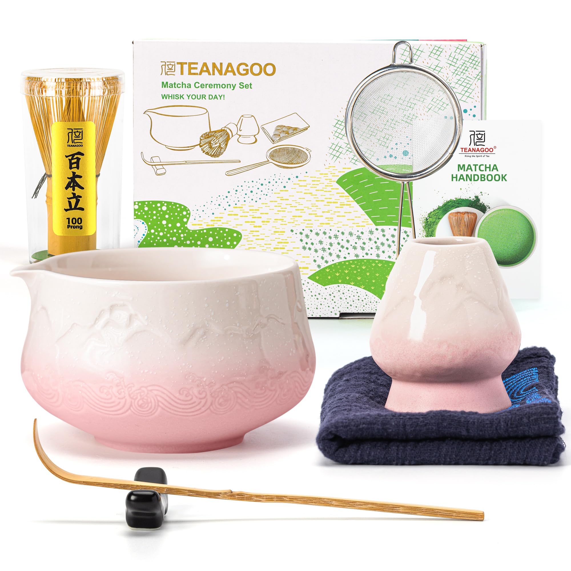 TEANAGOO Matcha Set Pink, 7 Pcs Matcha Whisk Set, Matcha Kit for Ceremony, Tradition Tea Set for Making Breakfast/Latte, Matcha Whisk Set with Bowl(Chawan)/Whisk and Holder, Gift for Family/Friend