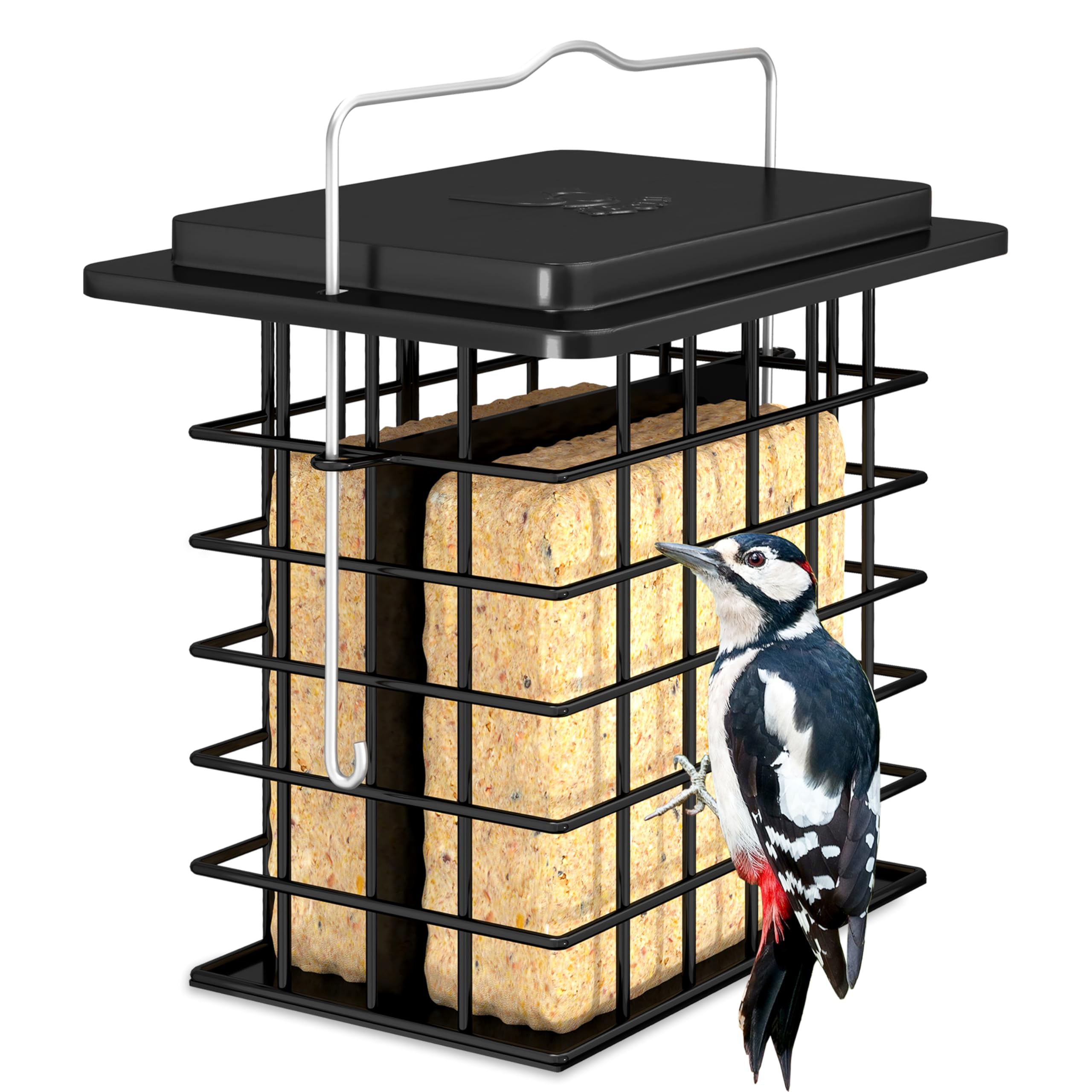 iBorn Double Suet Feeder- Metal Roof Bird Feeder with Taller Grid for Woodpeckers, Suet Cake Cage Bird Feeder for Outdoors Hanging,Easy-Clean & Refill,Metal Black（Pack of 1）