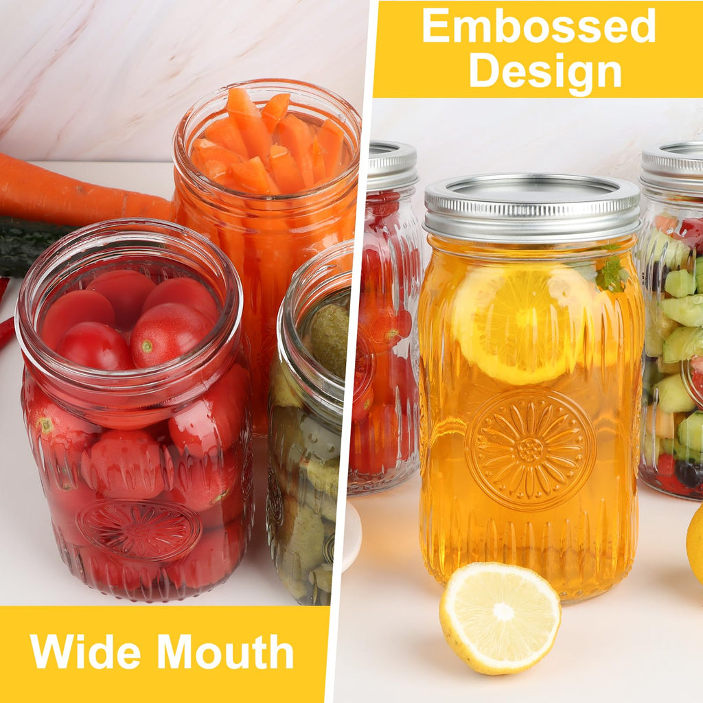 HAYHOI 32 oz Wide Mouth Mason Jars with Lids and Bands, 6 Pack Quart Canning Jars, Embossed Glass Mason Jars for Centerpieces, Preserving, Pickling, Meal Prep, Jam, DIY Crafts