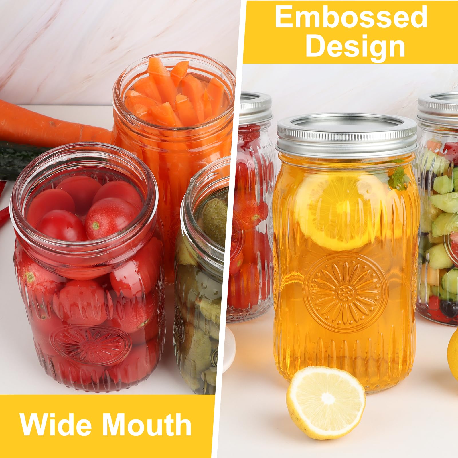 HAYHOI 32 oz Wide Mouth Mason Jars with Lids and Bands, 6 Pack Quart Canning Jars, Embossed Glass Mason Jars for Centerpieces, Preserving, Pickling, Meal Prep, Jam, DIY Crafts