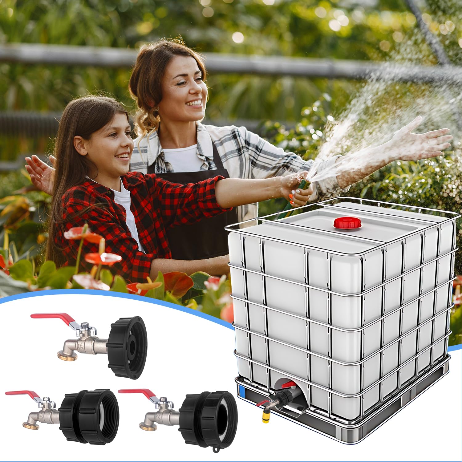 IBC Tote Adapter 275-330 Gallon IBC Bag Tank Fittings, 1/2 in Lead-Free Compliant Brass Garden Hose Valve with 3-Size IBC Tote Adapter, 2.44" Fine, 2 "Fine, and 2" Coarse Thread