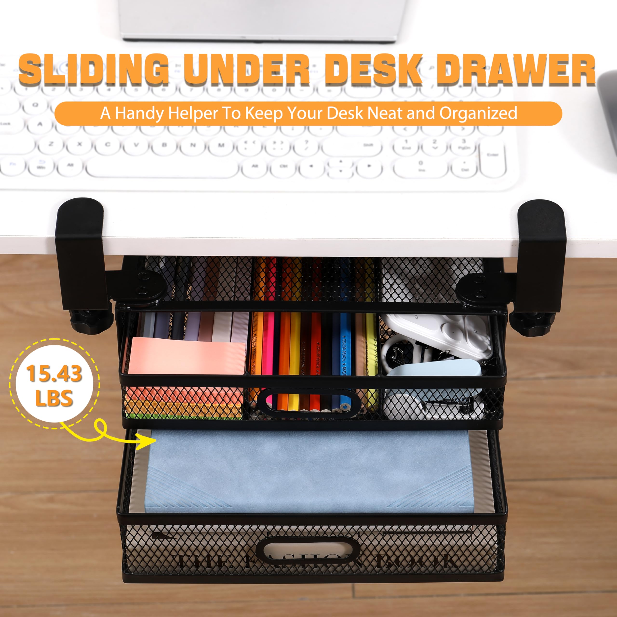 ROLIZOE Under Desk Drawer Organizer Clamp On with 2 Drawers Slide Out No Drilling Mesh Metal Drawer On Desktop Or Under Desk Storage Easy Install Anti-Slip Under Shelf Storage for Home & Office