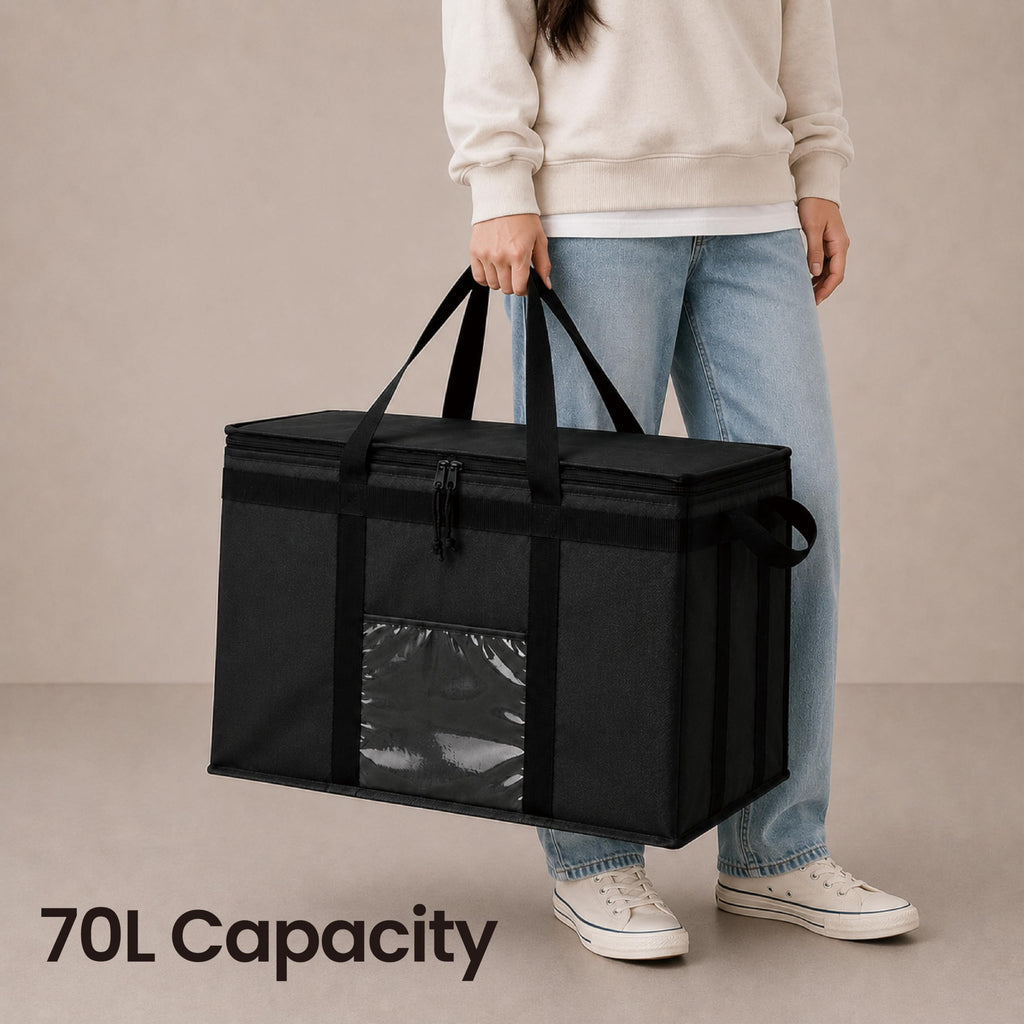 NZ Home Insulated Food Delivery Bag (3XL) Grocery Cooler Bag, Thermal Pizza Delivery & Catering Tote, Heavy Duty & Foldable Food Carrier (Black)