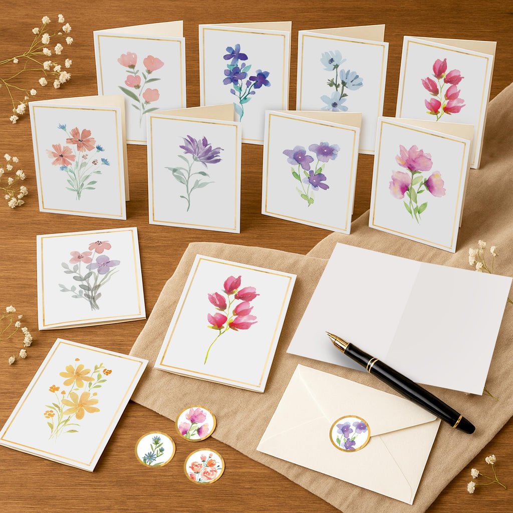 Only Zest 30 Blank Cards with Envelopes Set 4x6 Inch – Minimalistic Floral Design with Gold Border – Note Cards for Greetings, Thank You, Sympathy, Encouragement, Celebration, Personal Messages