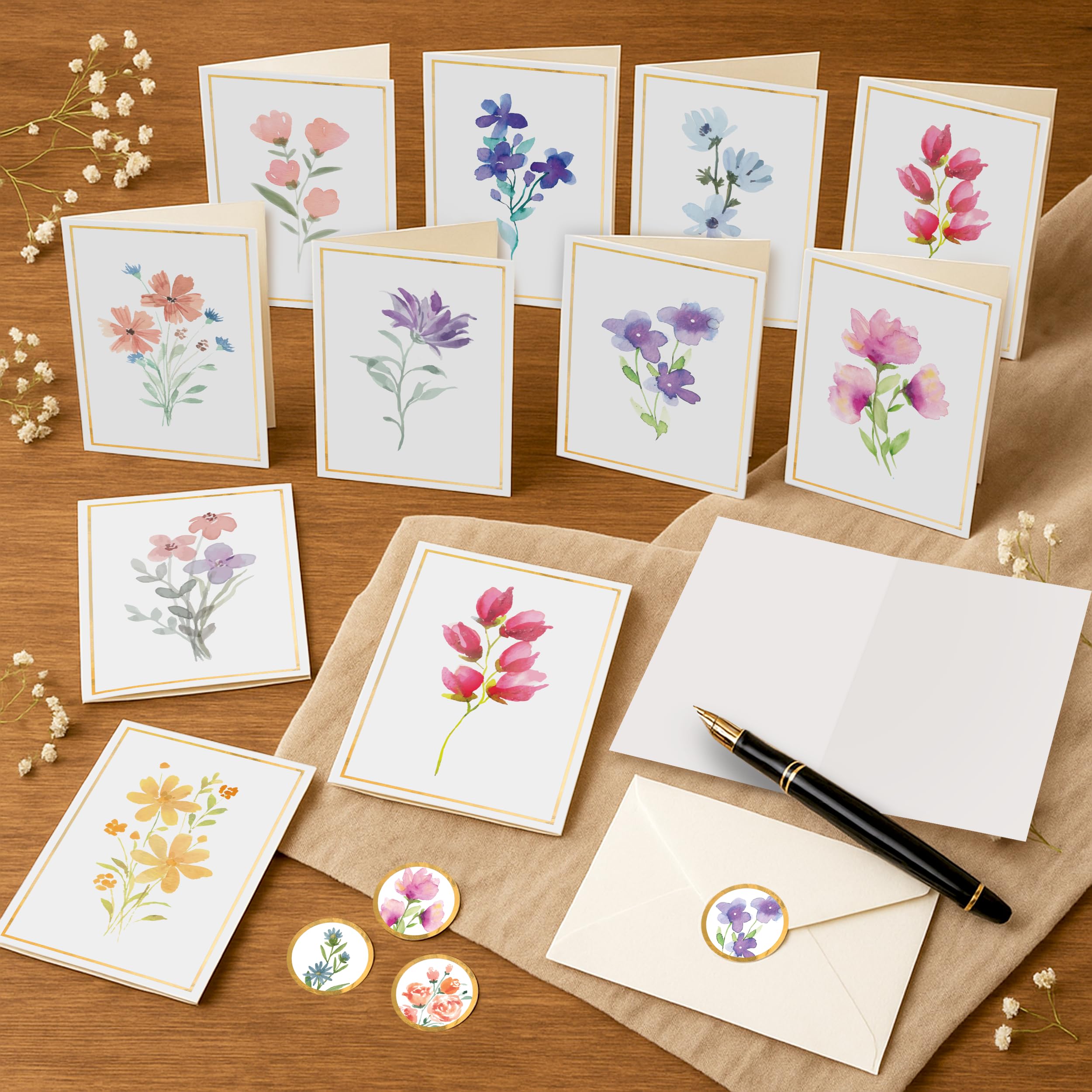 Only Zest 30 Blank Cards with Envelopes Set 4x6 Inch – Minimalistic Floral Design with Gold Border – Note Cards for Greetings, Thank You, Sympathy, Encouragement, Celebration, Personal Messages