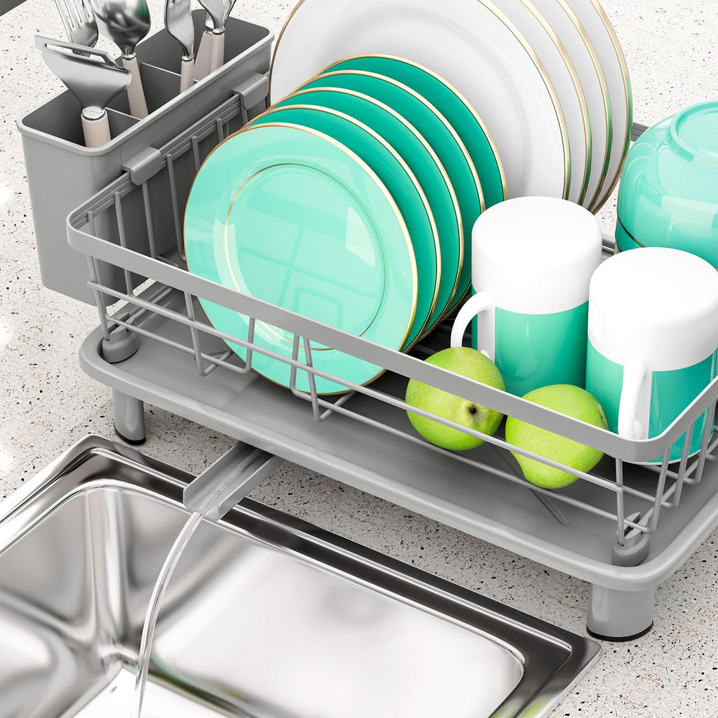 BULIJUJU Small Dish Drying Rack, Space Saving Dish Racks for Kitchen Counter, Kitchen Organizer Dish Drainer with Cutlery Holder for Spoons and Forks, 11''W x 15''L, Gray
