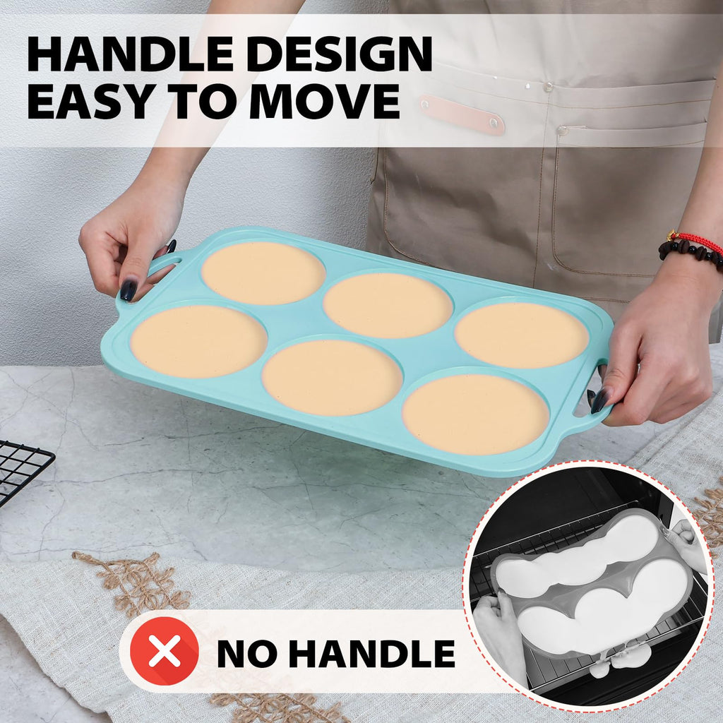 Nonstick Silicone Muffin Top Pan: 4 Inch Jumbo Silicone Egg Molds with Metal Frame for Baking Breakfast Sandwiches/English Muffins Egg Bites Hamburger Buns - for Oven Housewife (Beige& Mint Green)