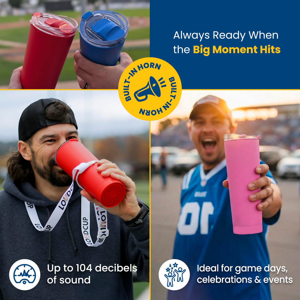 The LoudCup Blow Horn Tumbler, 2-in-1 Cheer & Sip Reusable Water Bottle with Built-In Horn for Sports Games, Tailgates & Parties, BPA-Free, 23 oz, Classic Navy