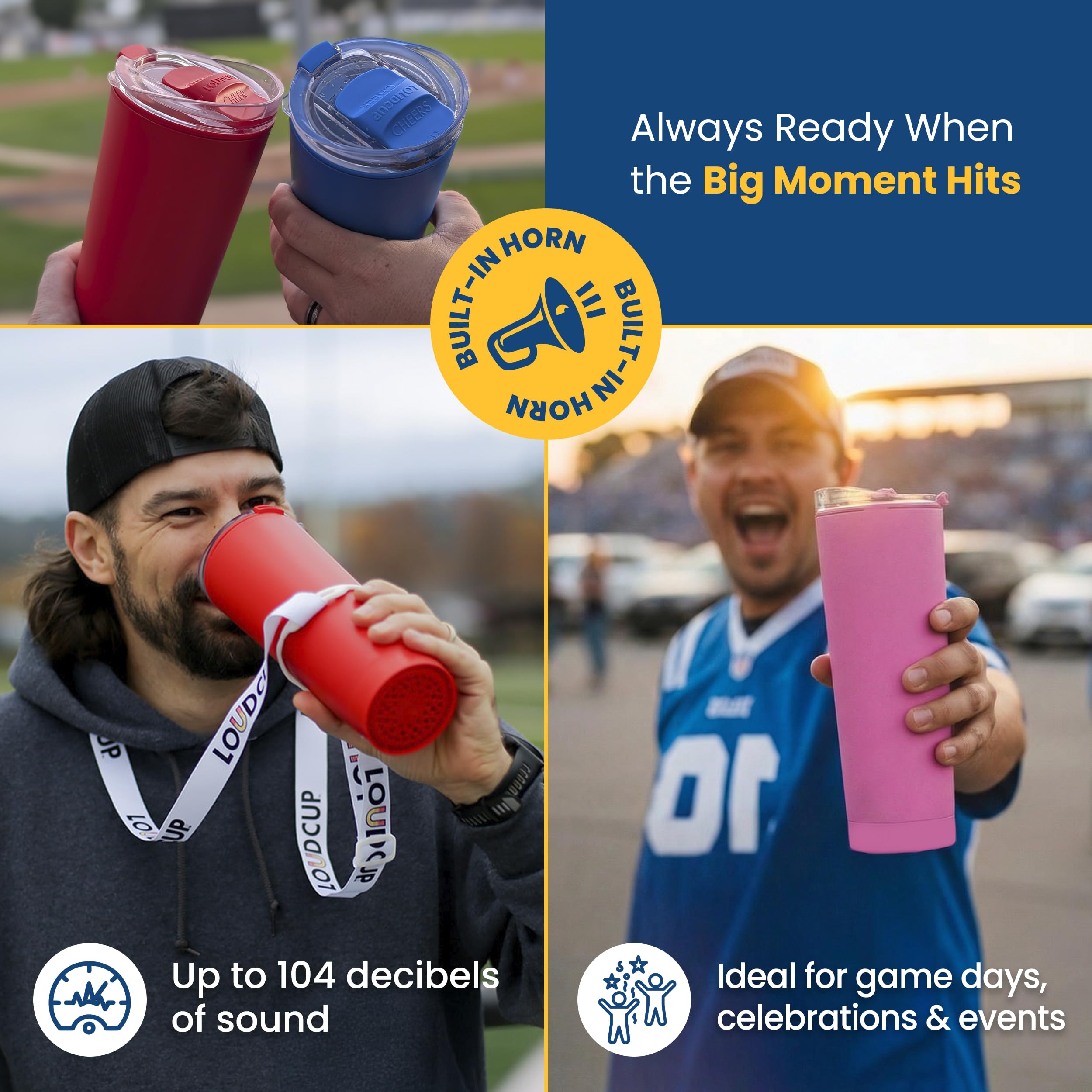 The LoudCup Blow Horn Tumbler, 2-in-1 Cheer & Sip Reusable Water Bottle with Built-In Horn for Sports Games, Tailgates & Parties, BPA-Free, 23 oz, Classic Navy