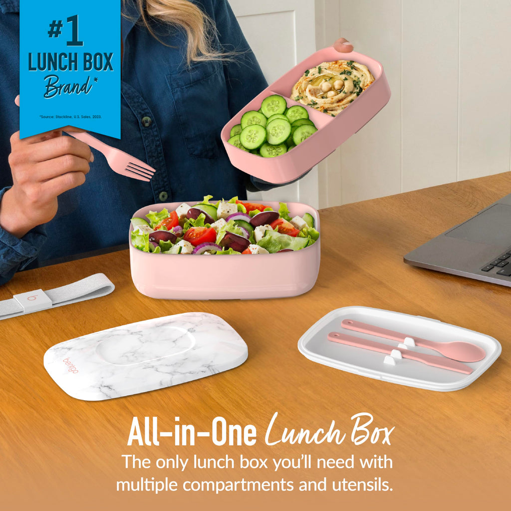 Bentgo Classic - All-in-One Stackable Bento Lunch Box Container - Modern Bento-Style Design Includes 2 Stackable Containers, Built-in Plastic Utensil Set, and Nylon Sealing Strap (Blush Marble)