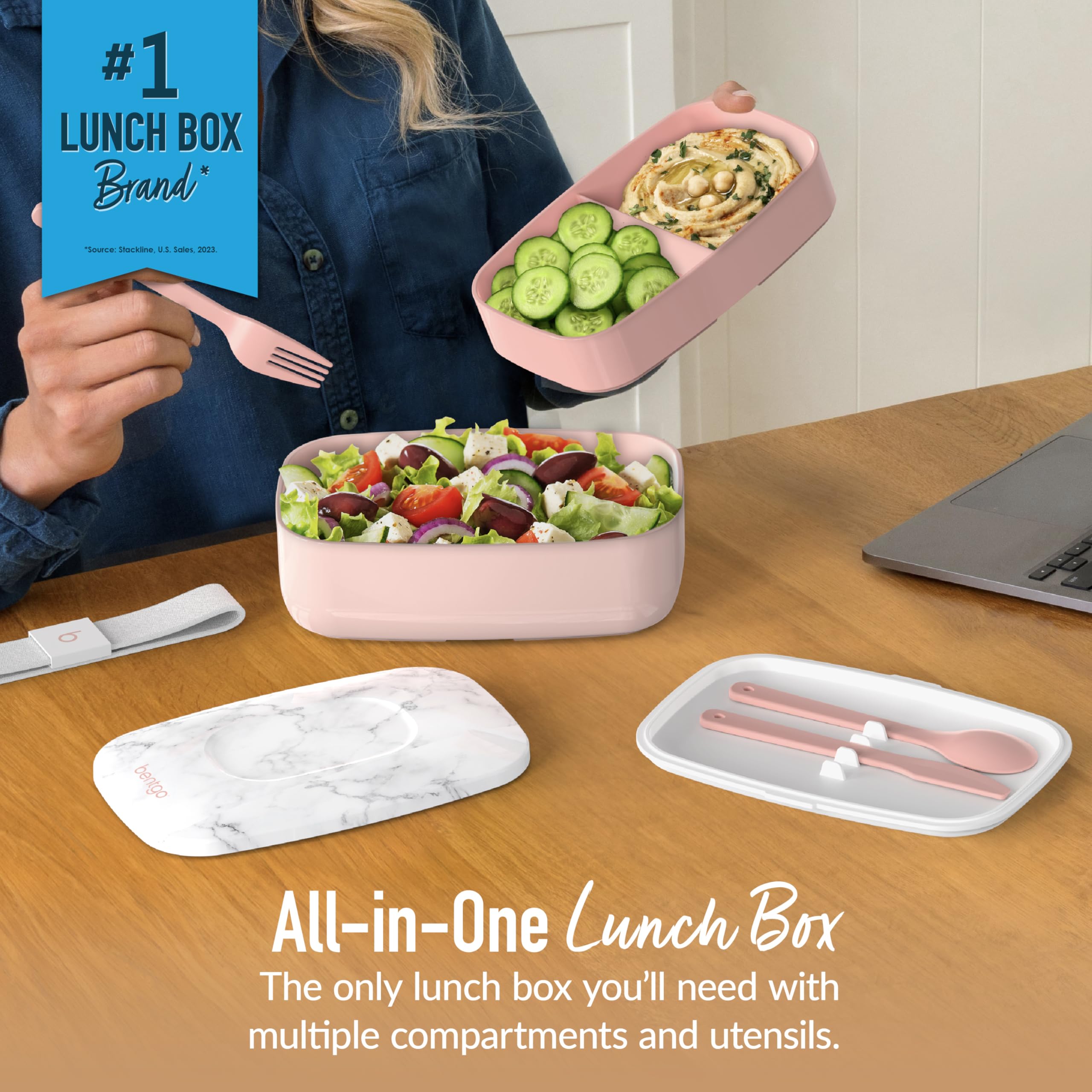Bentgo Classic - All-in-One Stackable Bento Lunch Box Container - Modern Bento-Style Design Includes 2 Stackable Containers, Built-in Plastic Utensil Set, and Nylon Sealing Strap (Blush Marble)