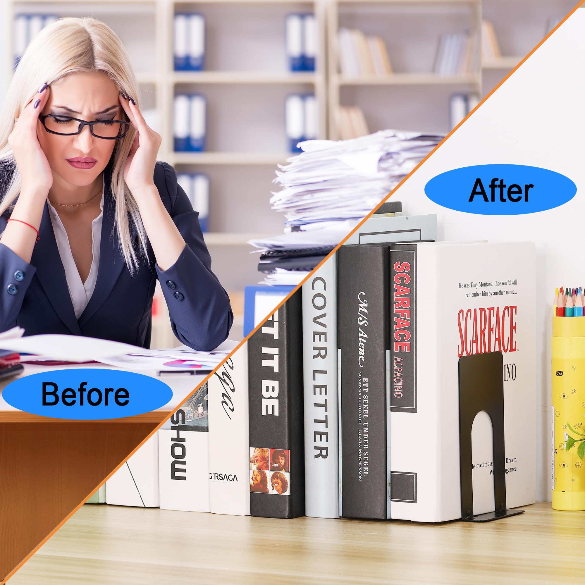JIANTA Book Ends, Bookends for Shelves, Heavy Duty Metal Bookends, Black Non-Skid Bookshelf Holder Stand for Home, Office, Library, School (4.9 x 3.7 x 2.6 in, 6 Pairs)