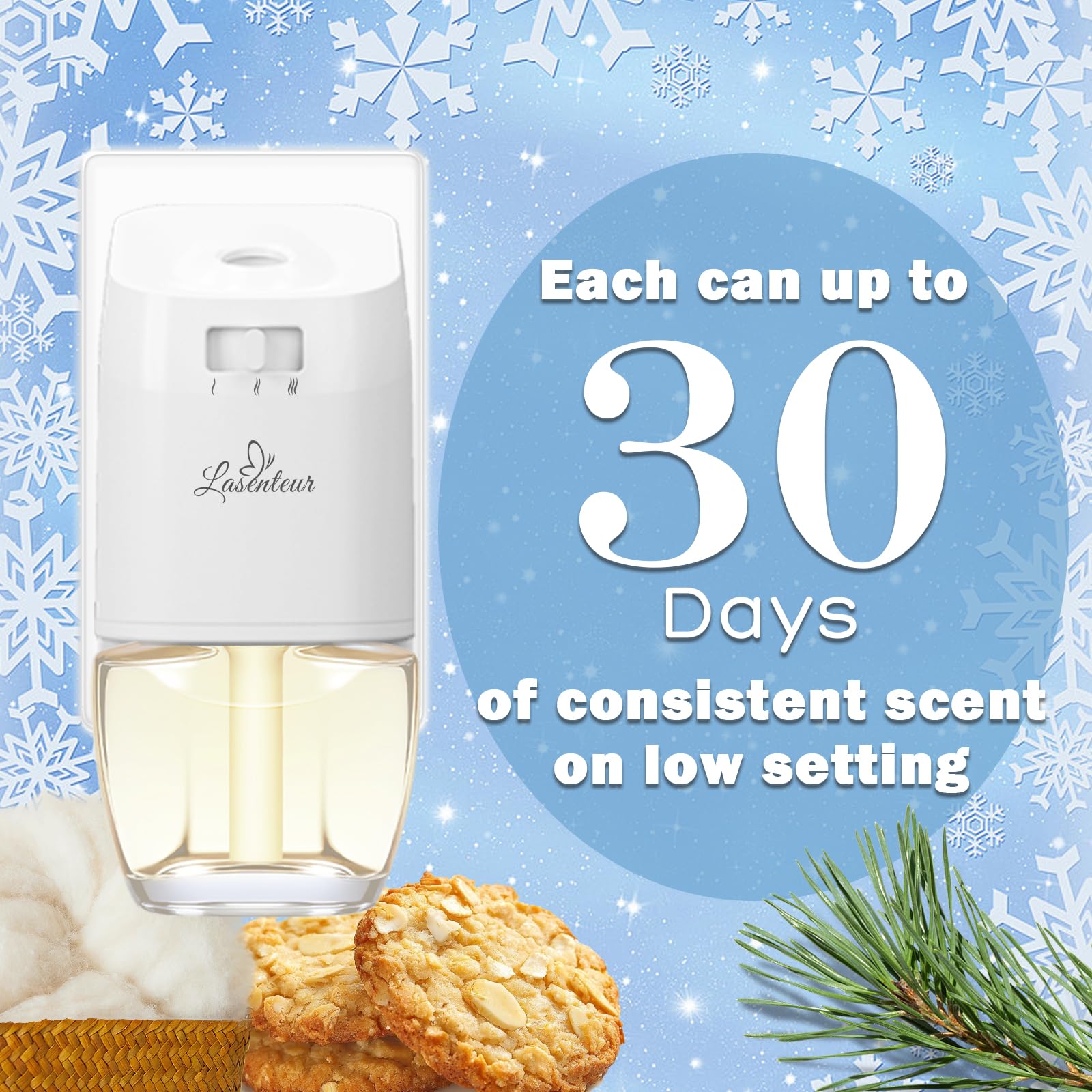 Plug in Scented Oil Refill, 12ct, Vanilla Almond Biscuit, Cashmere Wood, Fresh Cut Fraser Fir, First Snowfall, Wall Plug In Refill Oils for Home, Compatible with Air Wick & Glade, Not for Glade Plus