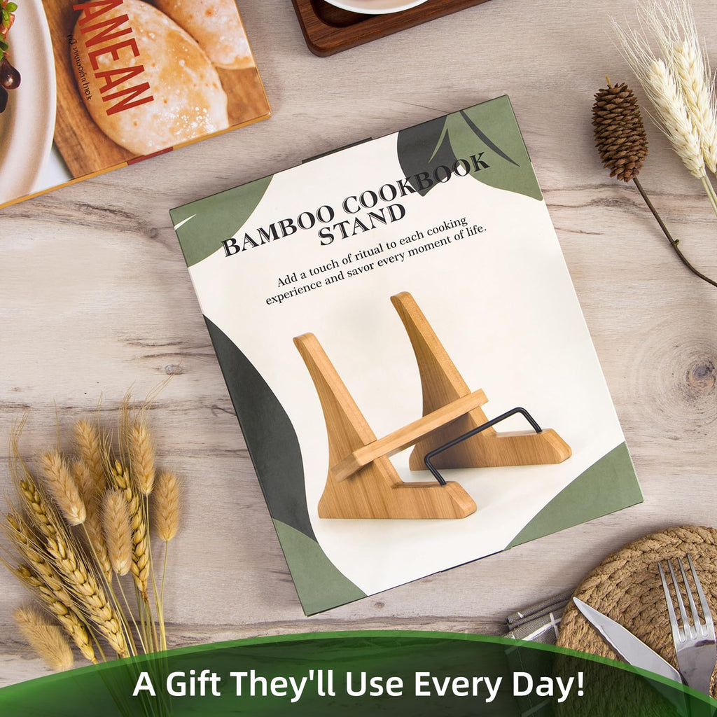 PUERSI Cookbook Stand for Kitchen Counter, Bamboo Cookbook Holder, Cook Book Stand for Kitchen, Recipe Book Holder - NEW Patented Design