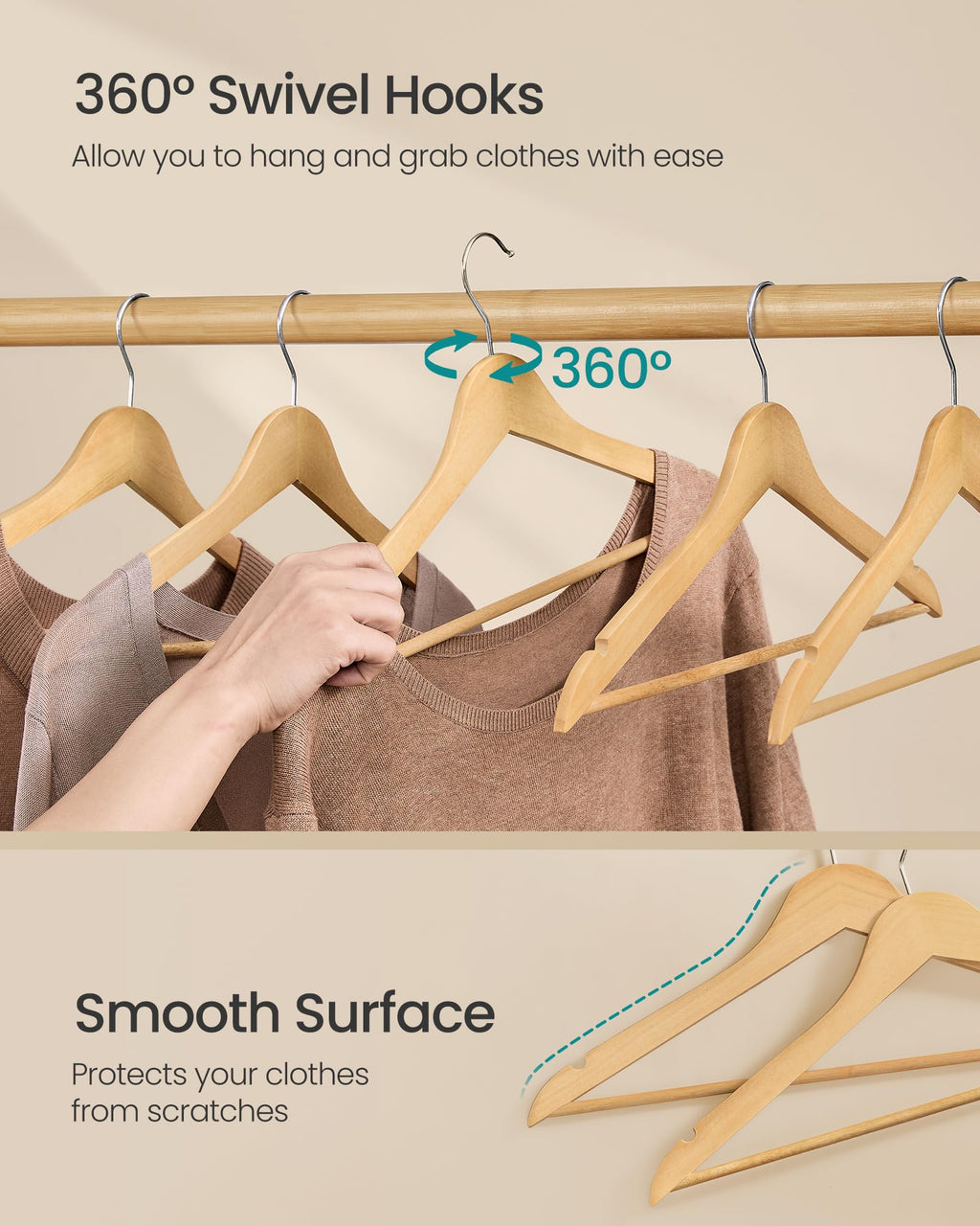 SONGMICS Wooden Hangers, Coat Hangers, Pants Bar, 360° Swivel Hooks, Solid Birch Wood, Space-Saving, for Jackets, Shirts, Coats, Pack of 30, Natural Beige UCRW030K01