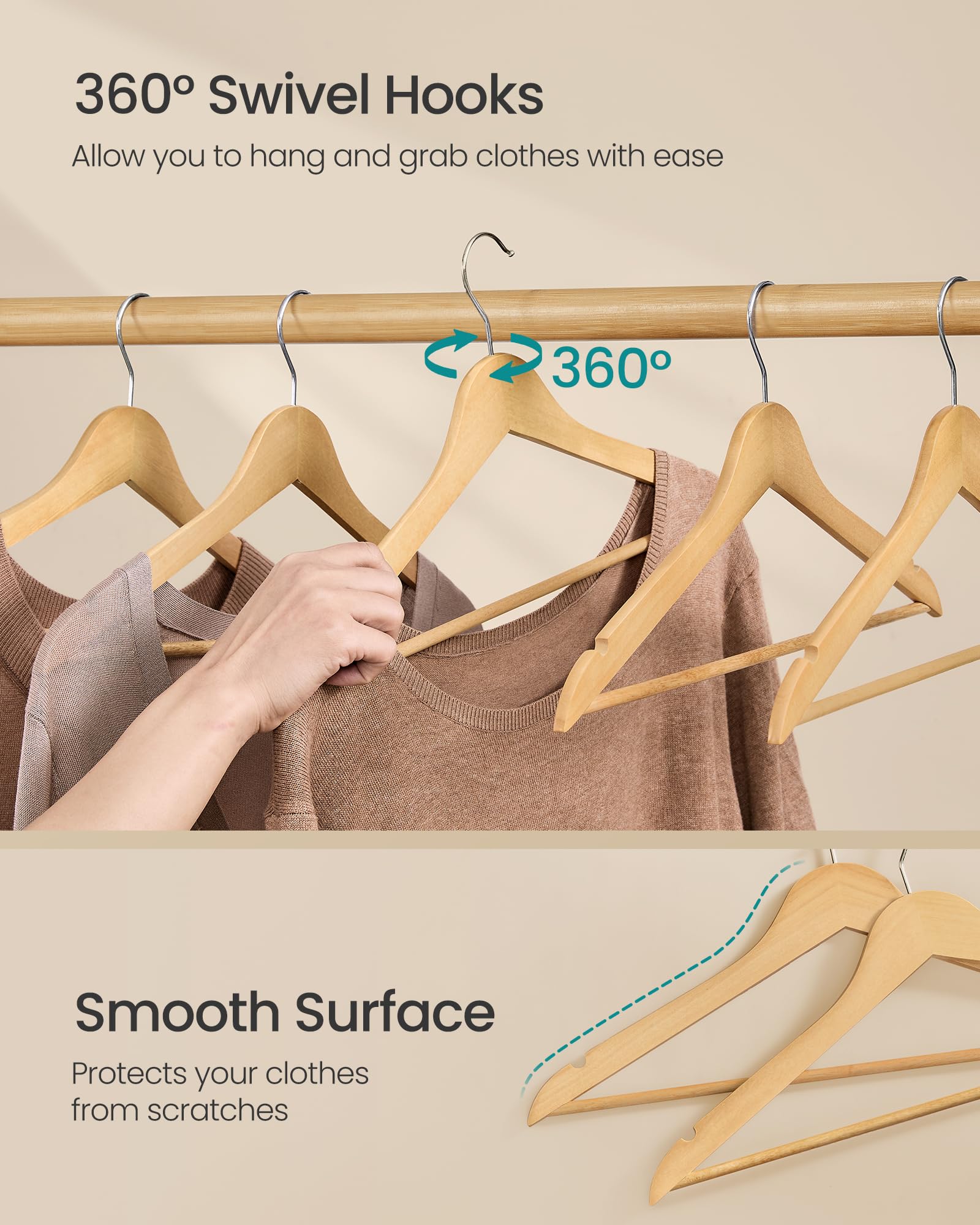 SONGMICS Wooden Hangers, Coat Hangers, Pants Bar, 360° Swivel Hooks, Solid Birch Wood, Space-Saving, for Jackets, Shirts, Coats, Pack of 30, Natural Beige UCRW030K01