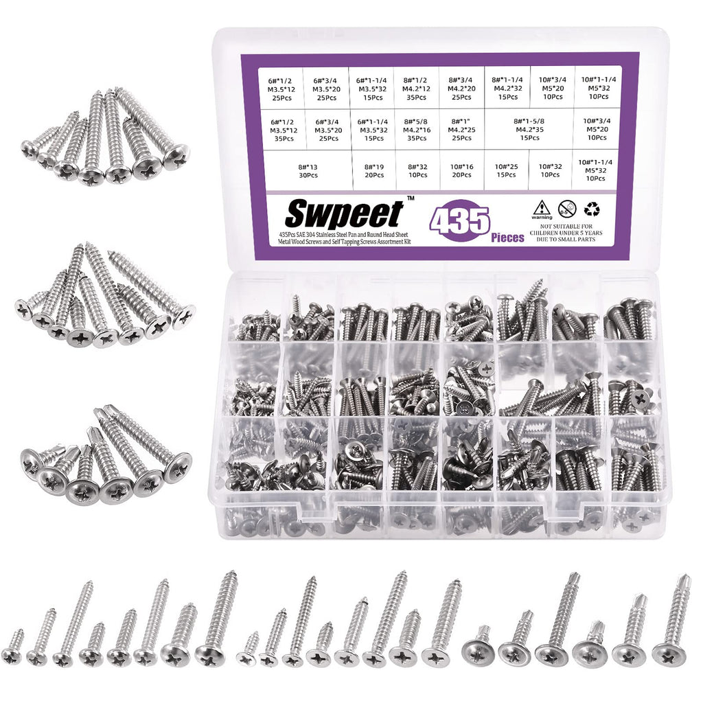 Swpeet 435Pcs 3 Types #6#8#10 SAE 304 Stainless Steel Round Pan Head and Phillips Flat Head Self Tapping Sheet Metal Screws Wood Screws with 410 Stainless Steel Truss Head Fast Self