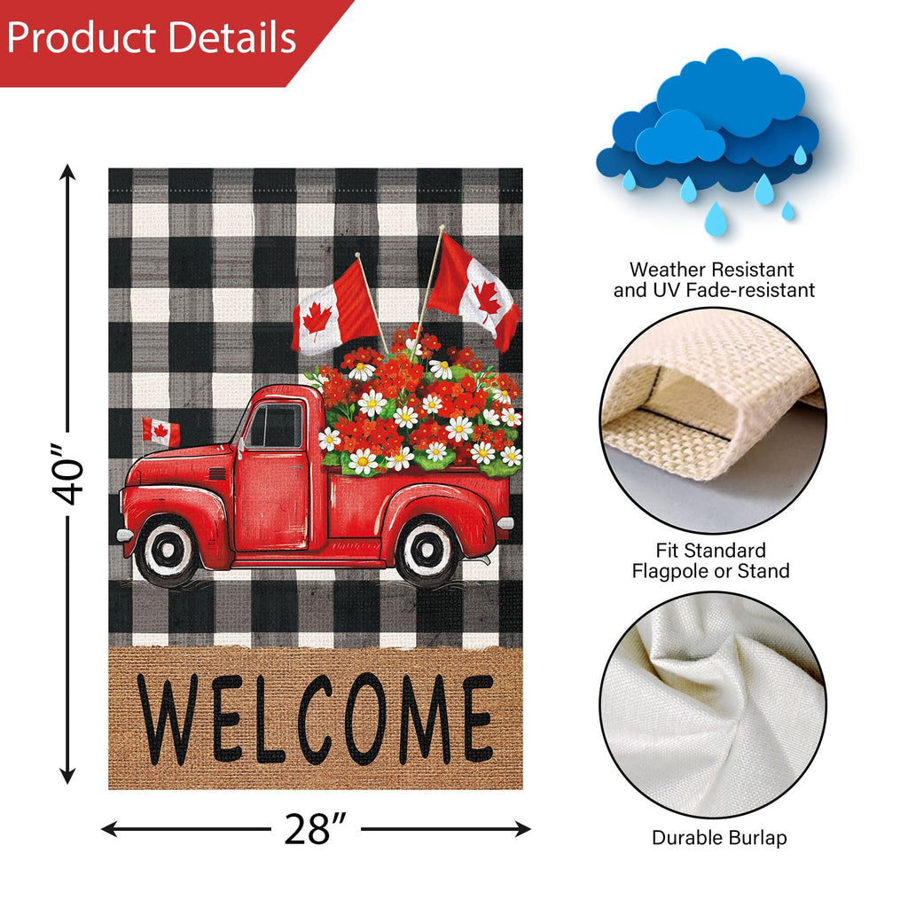 Louise Maelys Patriotic Spring Garden Flag 28x40 Double Sided Vertical, Burlap Small Red Truck Floral Farmhouse Yard House Outside Outdoor House Canadian Flag Day Decoration (ONLY FLAG)