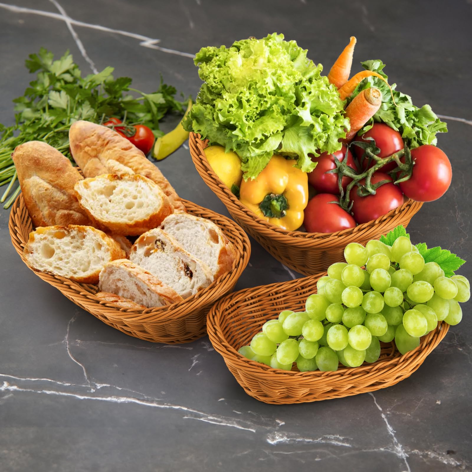 Yarlung 3 Pack Woven Breads Baskets, Oval Small Fruit Baskets Stackable Plastic Wicker Baskets for Serving Vegetables, Kitchen, Restaurant, Outdoor, Imitation Rattan Brown, 3 Sizes