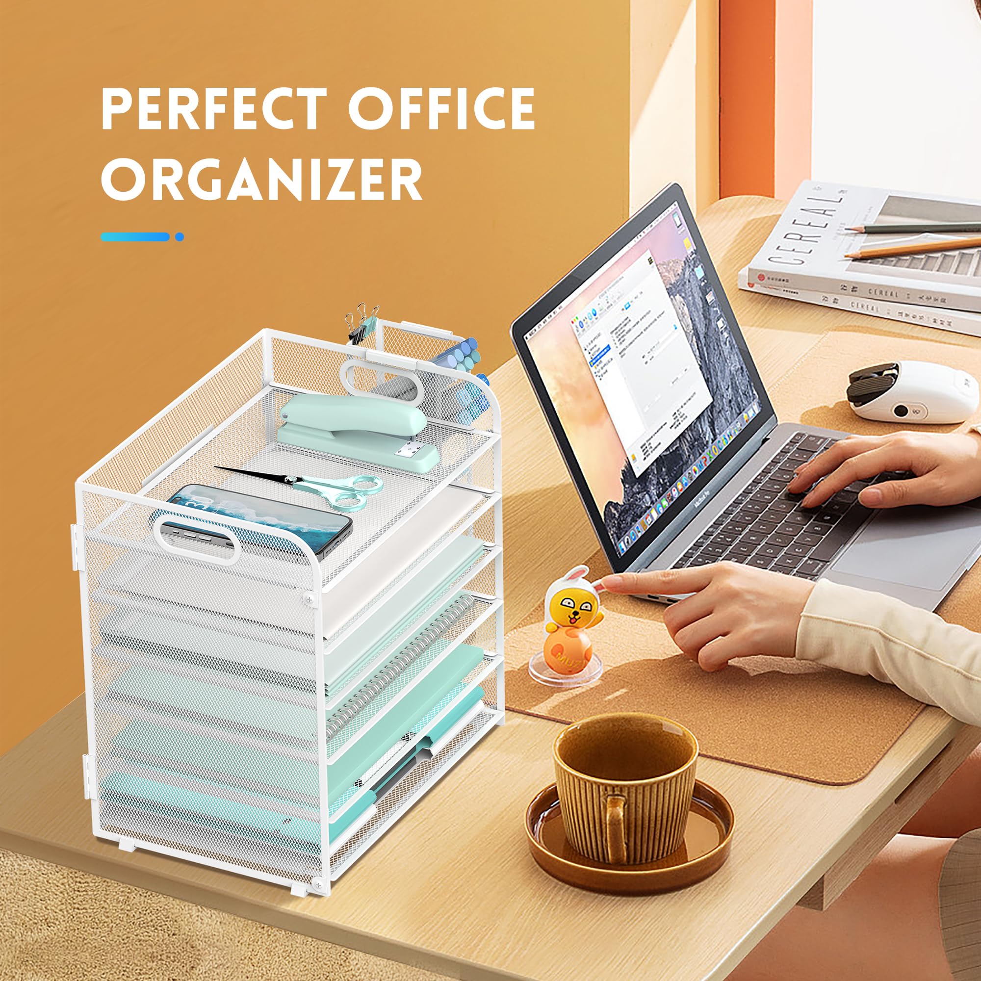 SUPEASY 6 Tier Paper Organizer with 4 Pen Holders, Mesh Letter Tray with Handle, Paper Tray Organizer for A4 Files, White