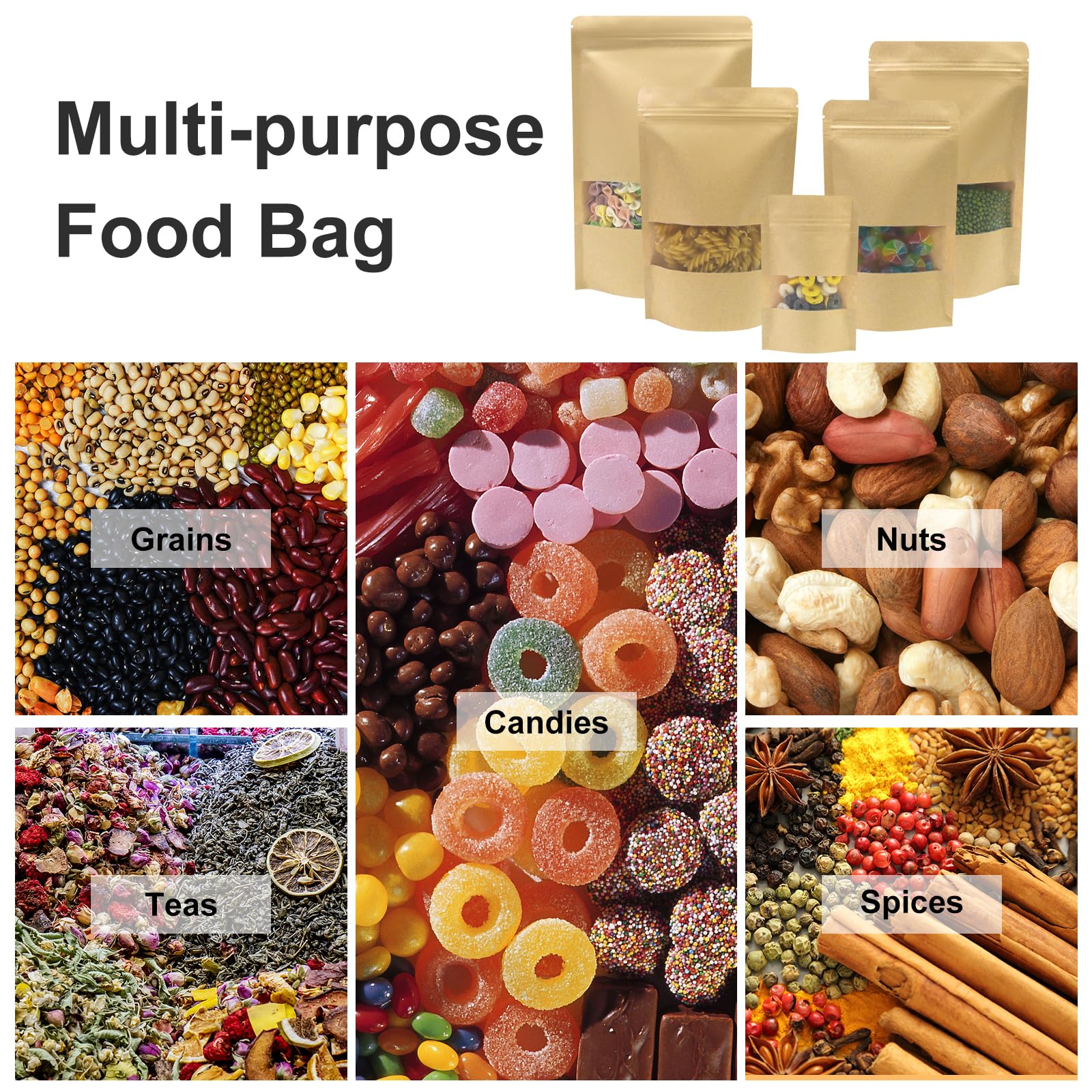 SumDirect Kraft Zipper Stand Up Food Bags Pouches with Notch and Matte Window,4.7x8 Inches,2.4oz,Pack of 50