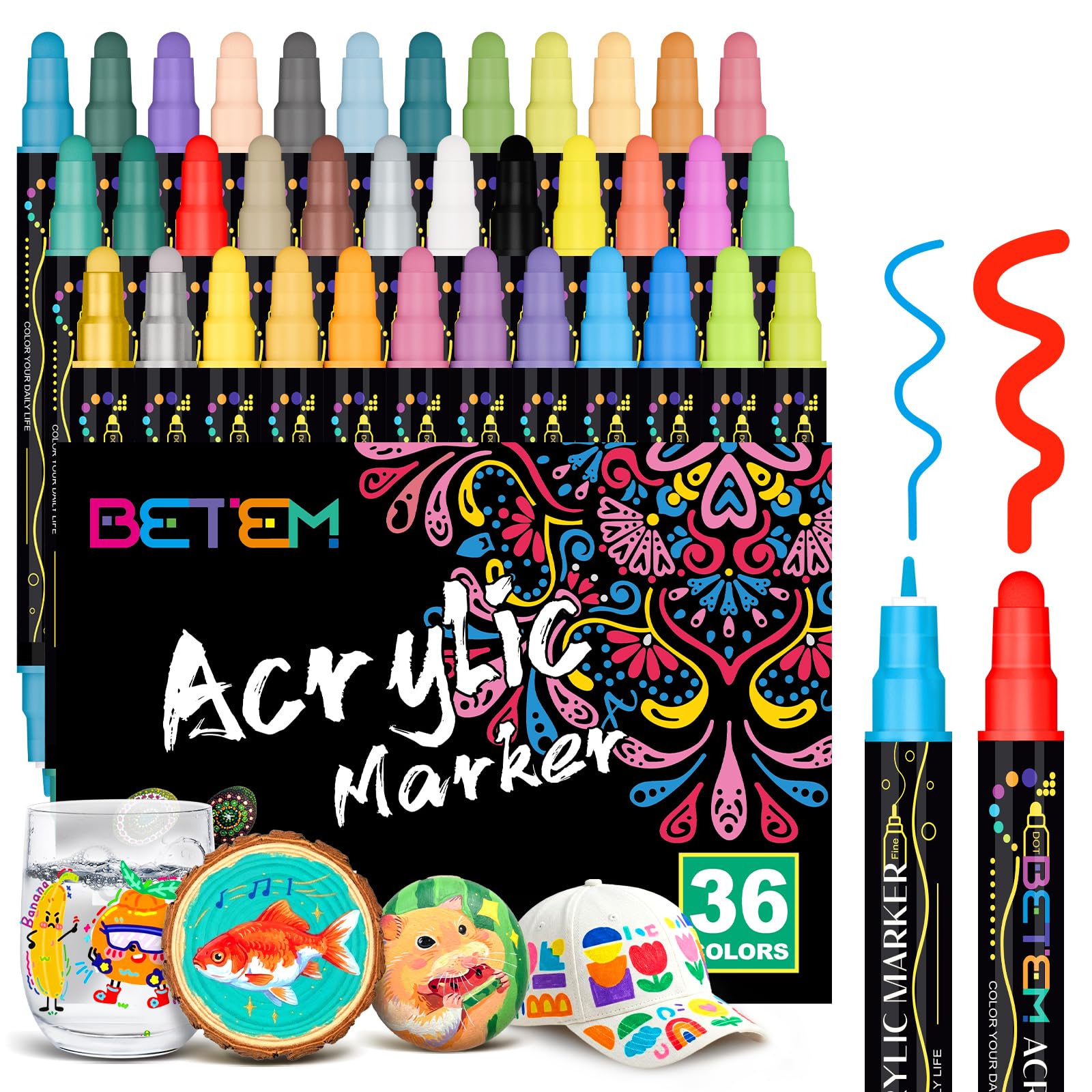 Betem 36 Colors Dual Tip Acrylic Paint Pens Markers, Fabric Decorating Kits Premium Water-Based Acrylic Paint Markers for Fabric, Rock, Wood, Glass, Eggs, Canvas, Ceramic, Easter Basket Stuffers