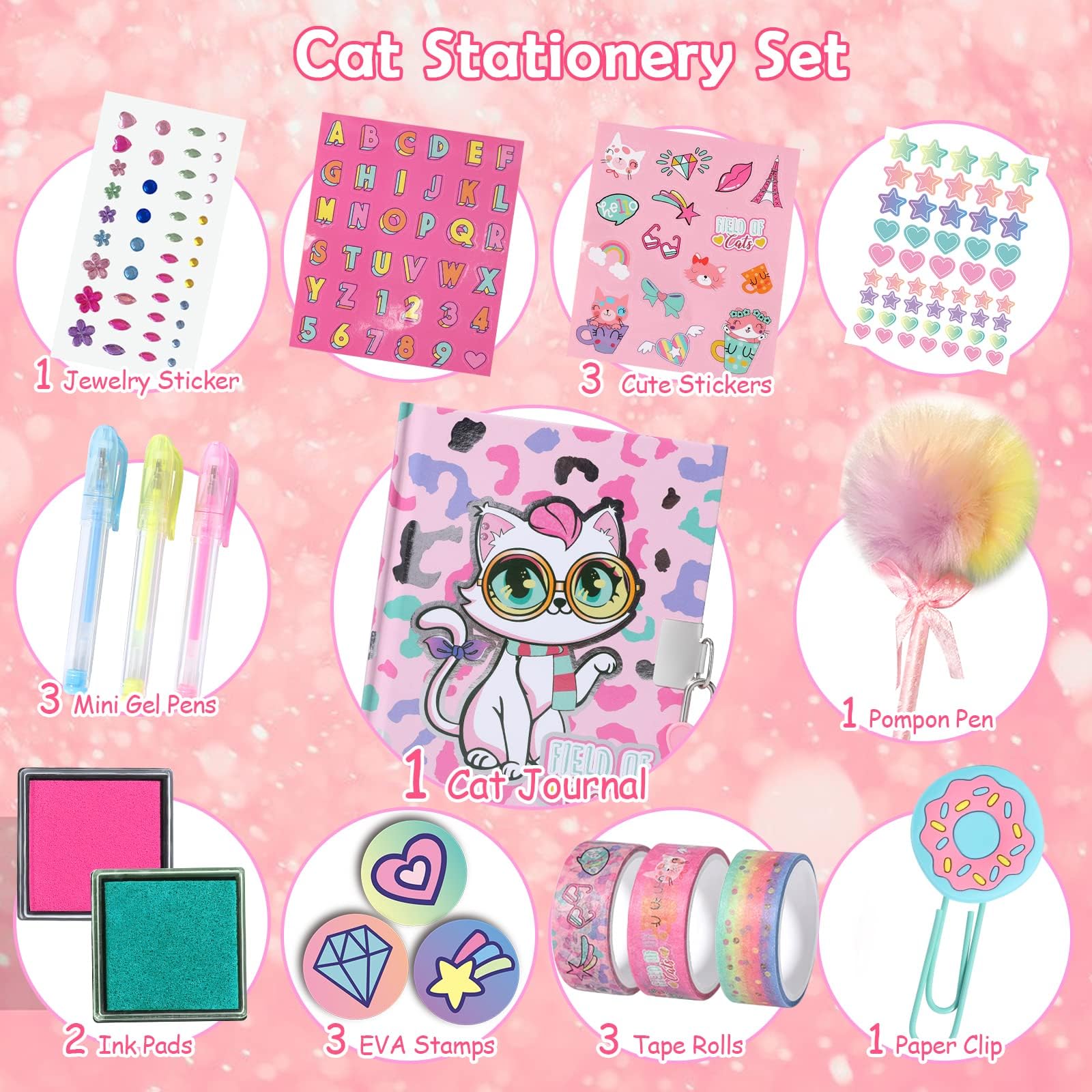 Cat Diary for Girls with Lock, Cat Stationery Set with Secret Diary, Stamps, Pens, Cat Journal Notebook Birthday Gifts for Little Girls Age 5 6 7 8 9 10-12