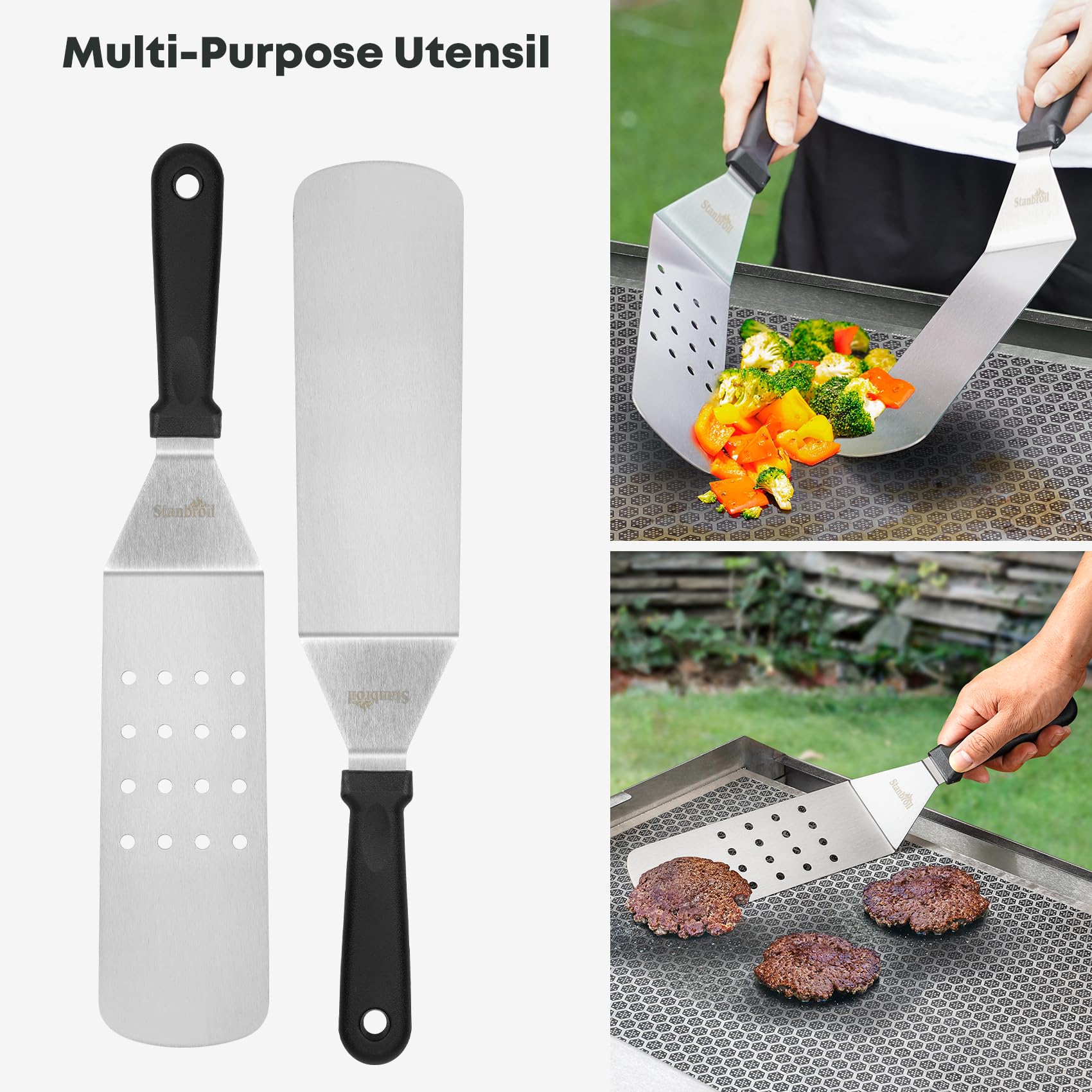 Stanbroil Stainless Steel Griddle Spatula Set for Outdoor Grill, 3 PCS Flat Top Grill Accessories, Includes Large Griddle Scoop, Perforated Spatula, Smash Burger Spatula