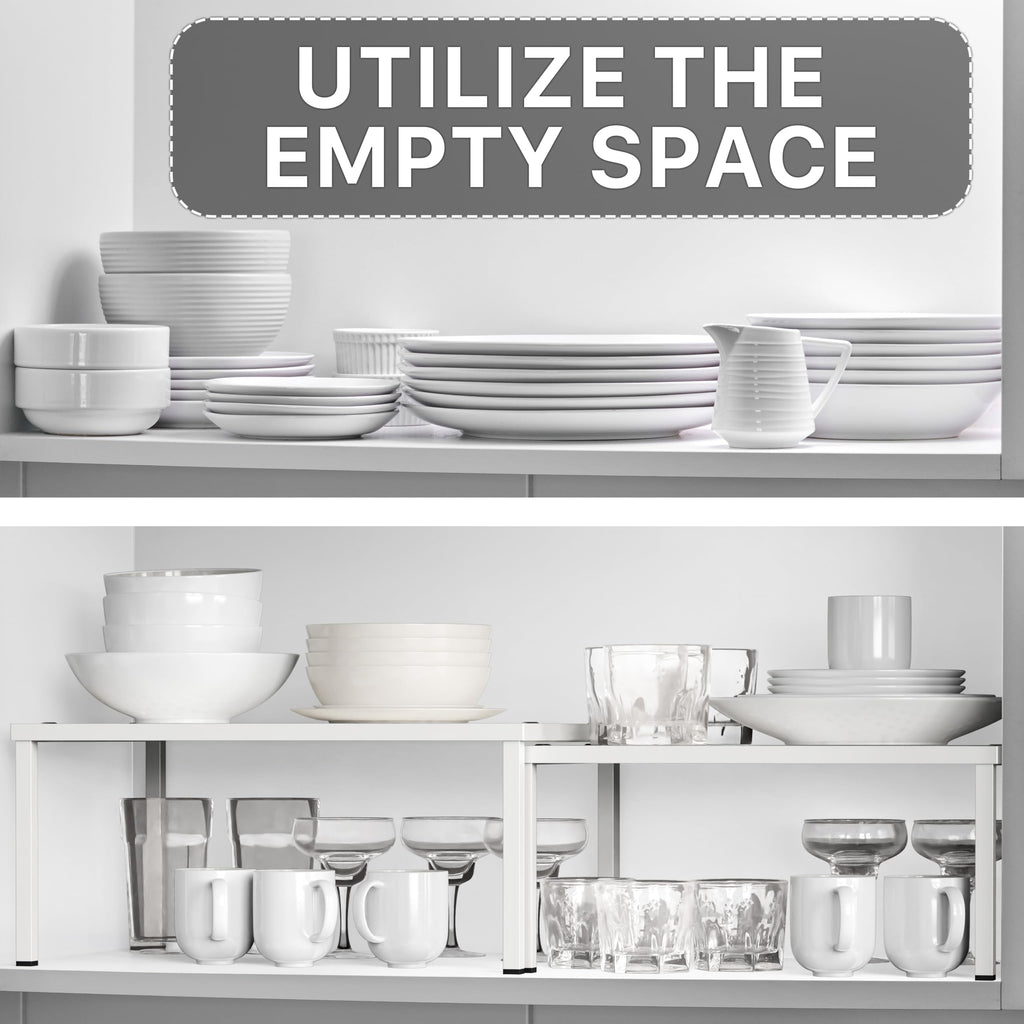 Simple Houseware Expandable and Stackable Kitchen Cupboard Metal Organizer for Mug Shelf, Spice Rack, and Pantry Storage, Set of 2, White