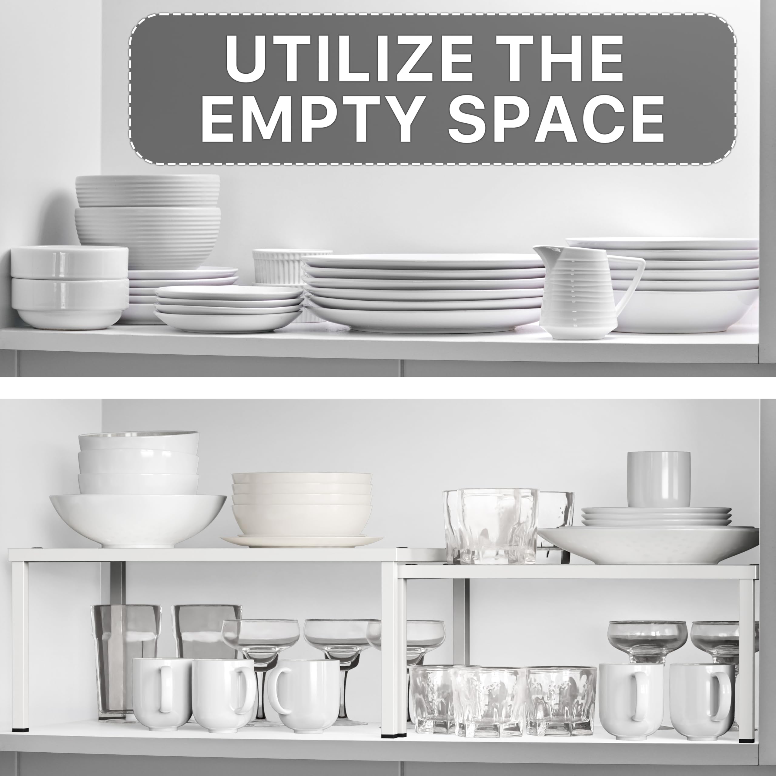 Simple Houseware Expandable and Stackable Kitchen Cupboard Metal Organizer for Mug Shelf, Spice Rack, and Pantry Storage, Set of 2, White