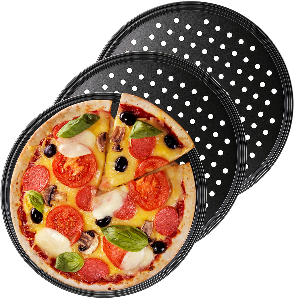 Bekith 3 Pack Pizza Crisper Trays with Holes, 12.5 inch Round Non-Stick Crisper Carbon Steel Perforated Tray for Home Kitchen, Black