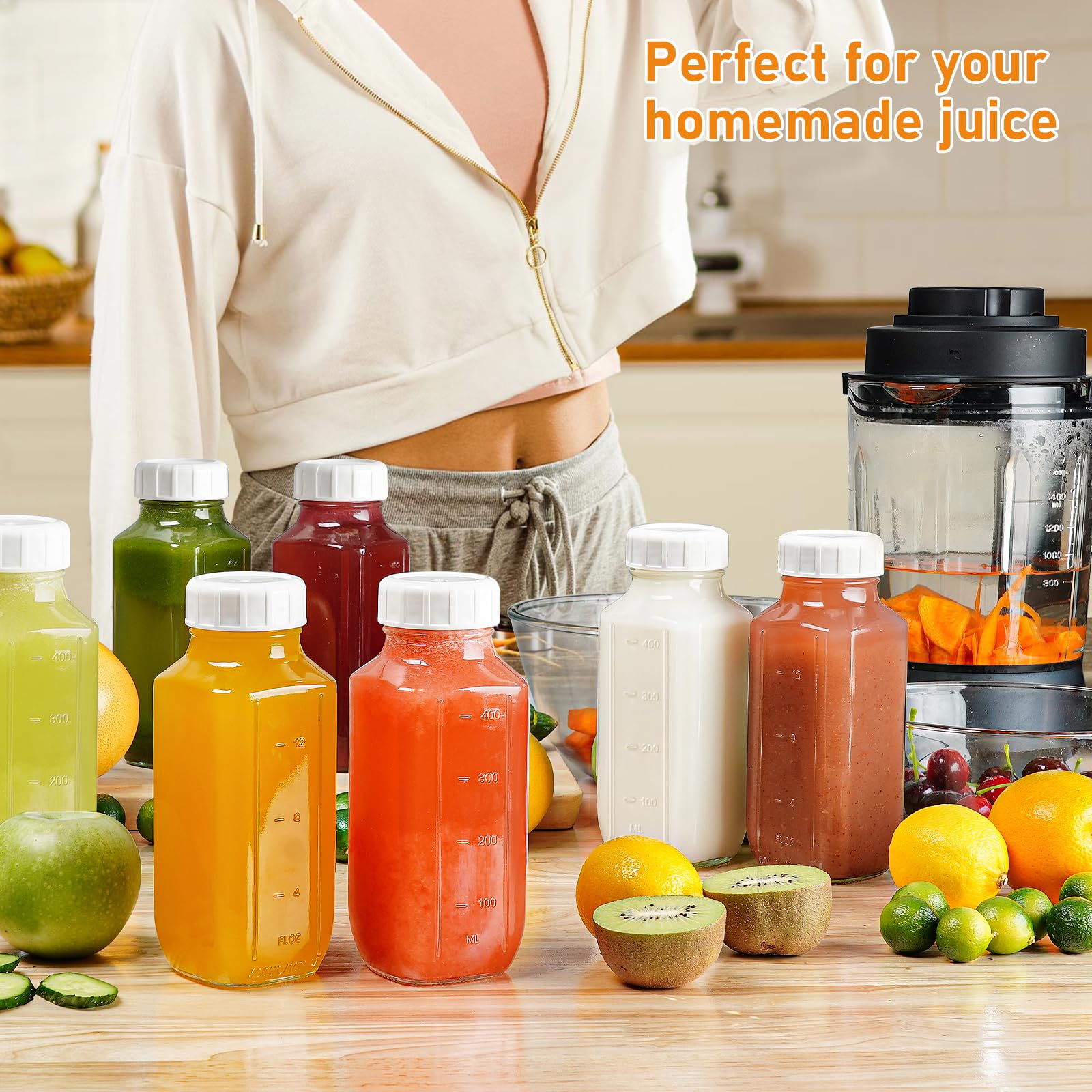 4 Pack 16 Oz Square Glass Bottles with A Silicone Dispenser Cap, Juice Bottles with Airtight Screw Lid, Glass Water Bottles with Capacity Marks, Milk Container for Fridge